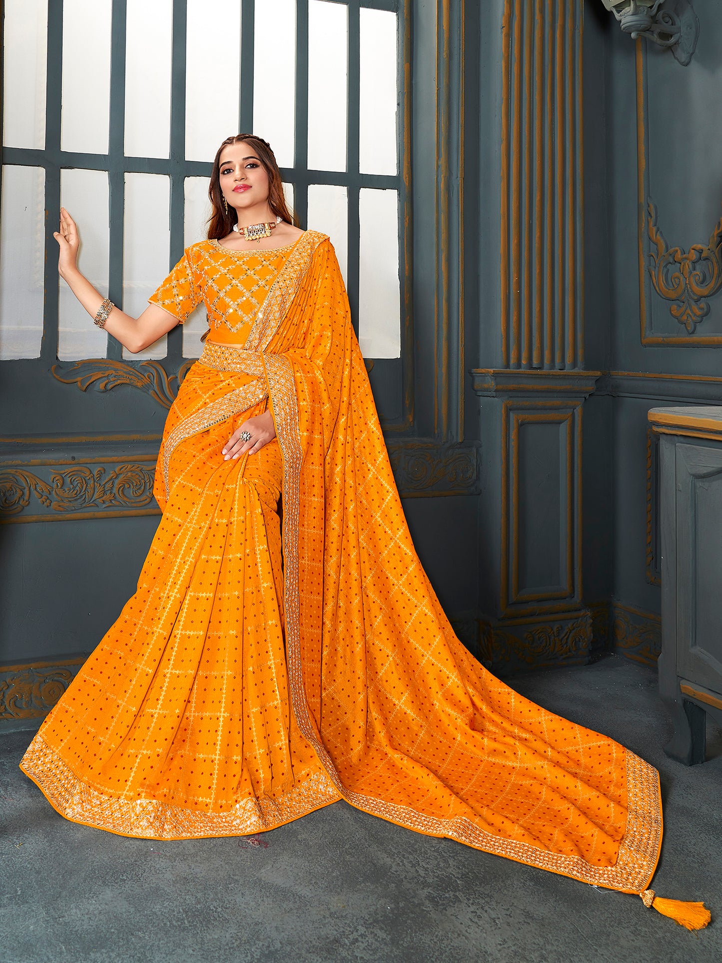 Women's Vichitra Silk Yellow Embellished Designer Saree With Blouse Piece
