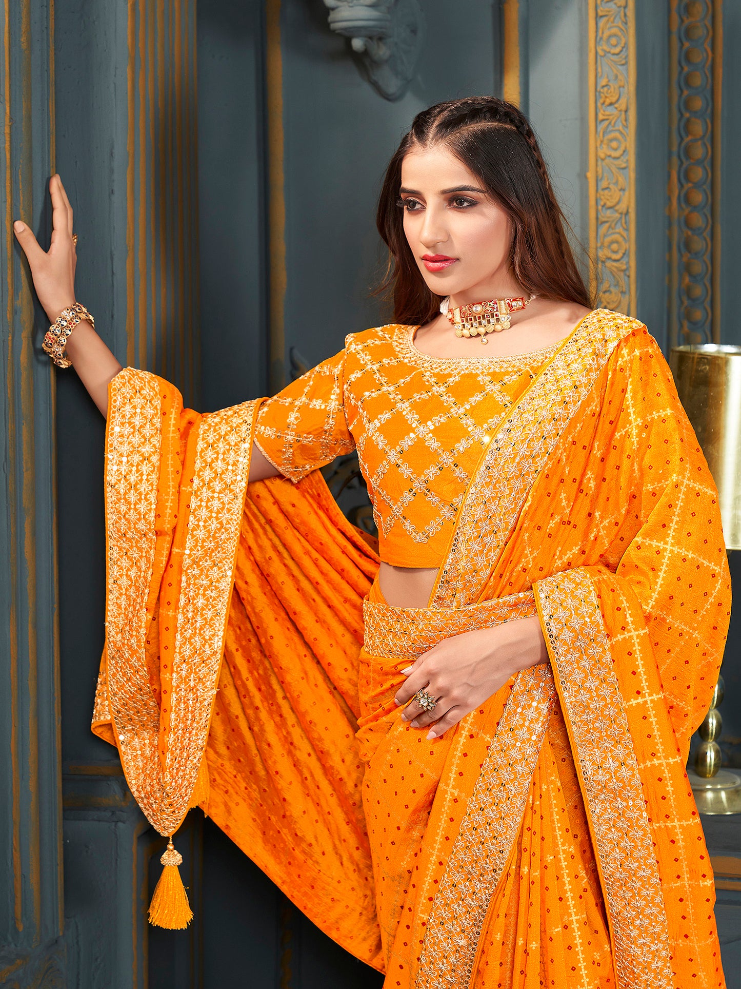 Women's Vichitra Silk Yellow Embellished Designer Saree With Blouse Piece