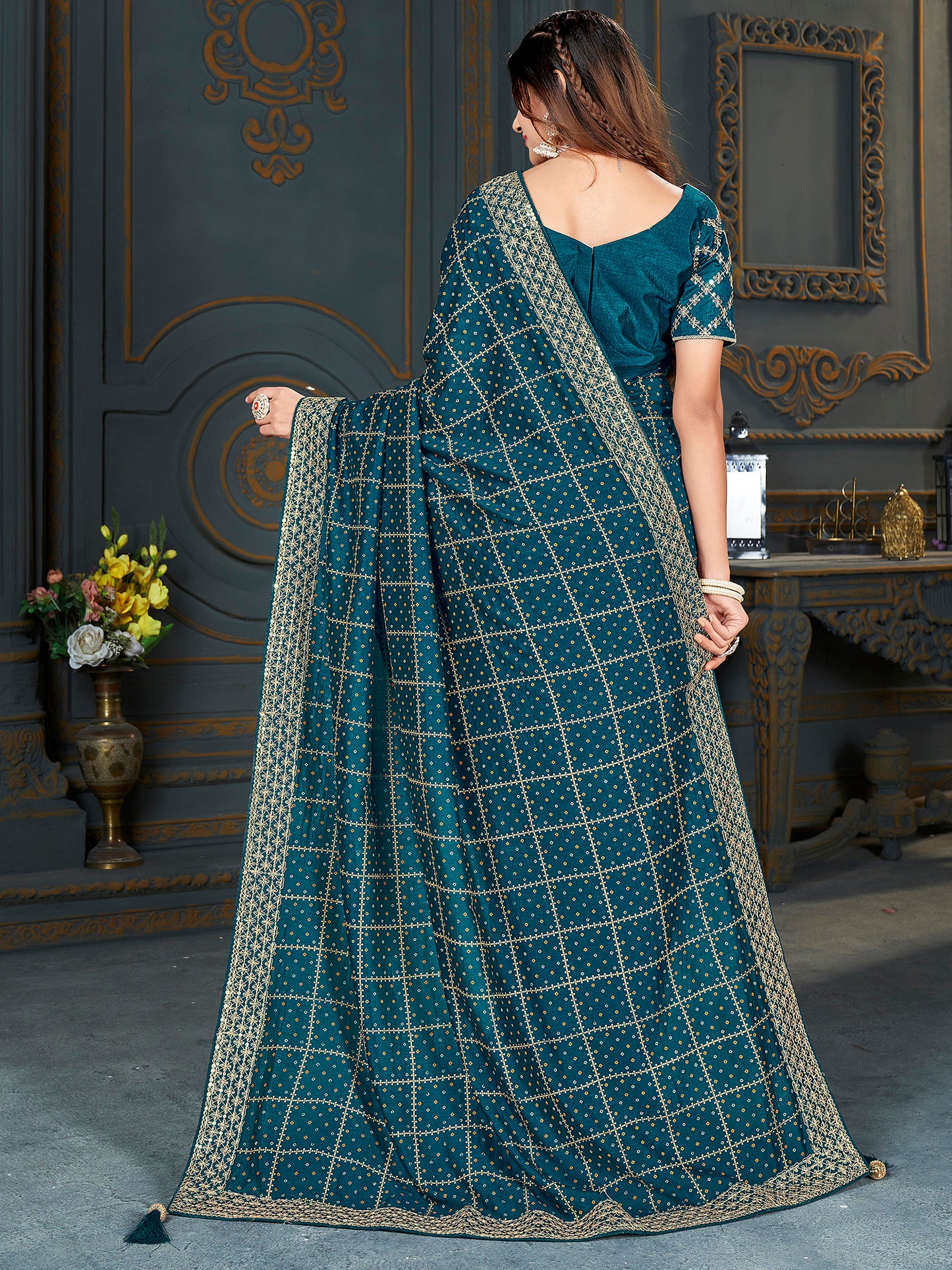 Women's Vichitra Silk Teal blue Embellished Designer Saree With Blouse Piece