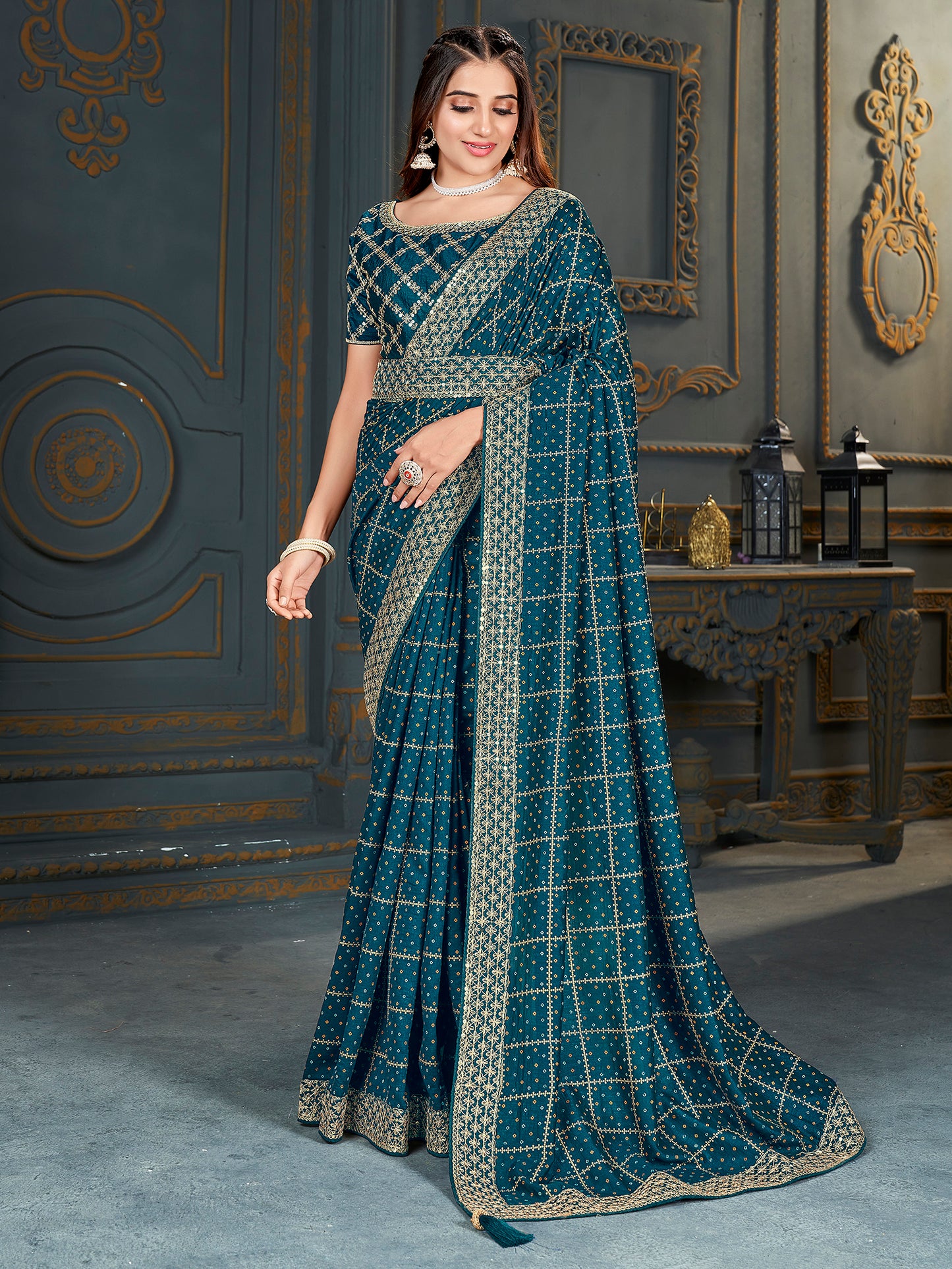 Women's Vichitra Silk Teal blue Embellished Designer Saree With Blouse Piece
