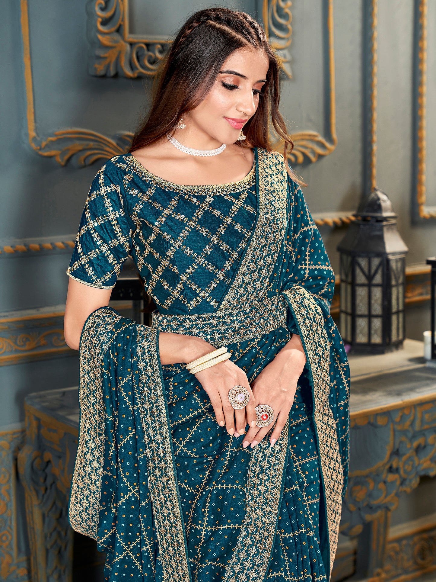 Women's Vichitra Silk Teal blue Embellished Designer Saree With Blouse Piece