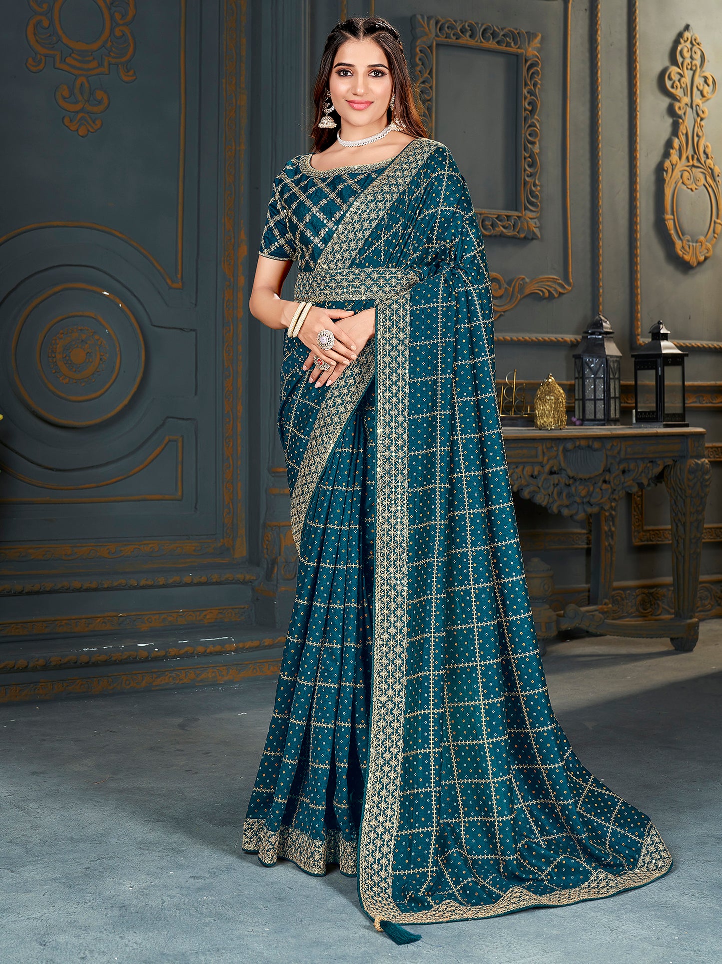 Women's Vichitra Silk Teal blue Embellished Designer Saree With Blouse Piece