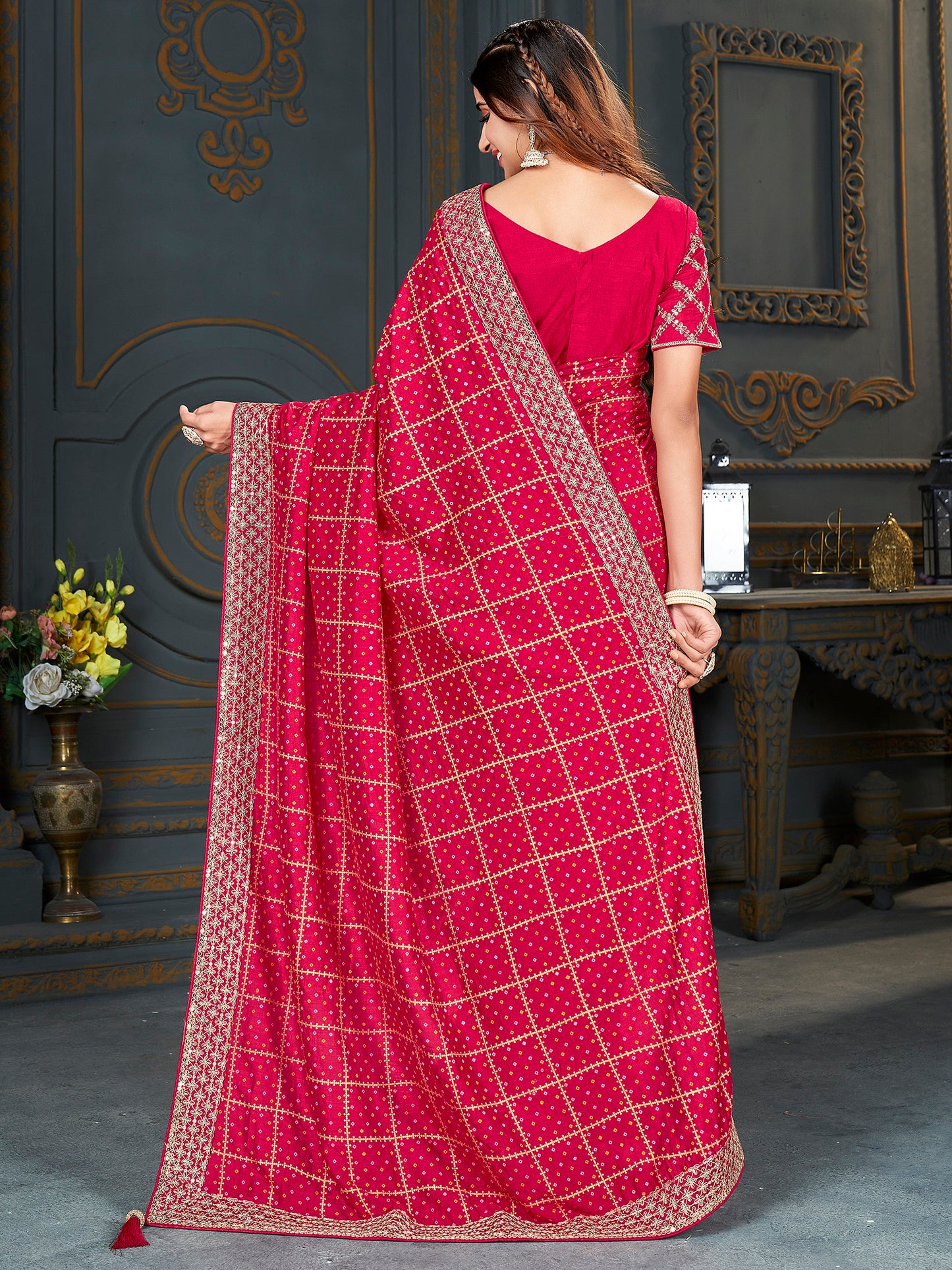 Women's Vichitra Silk Pink Embellished Designer Saree With Blouse Piece