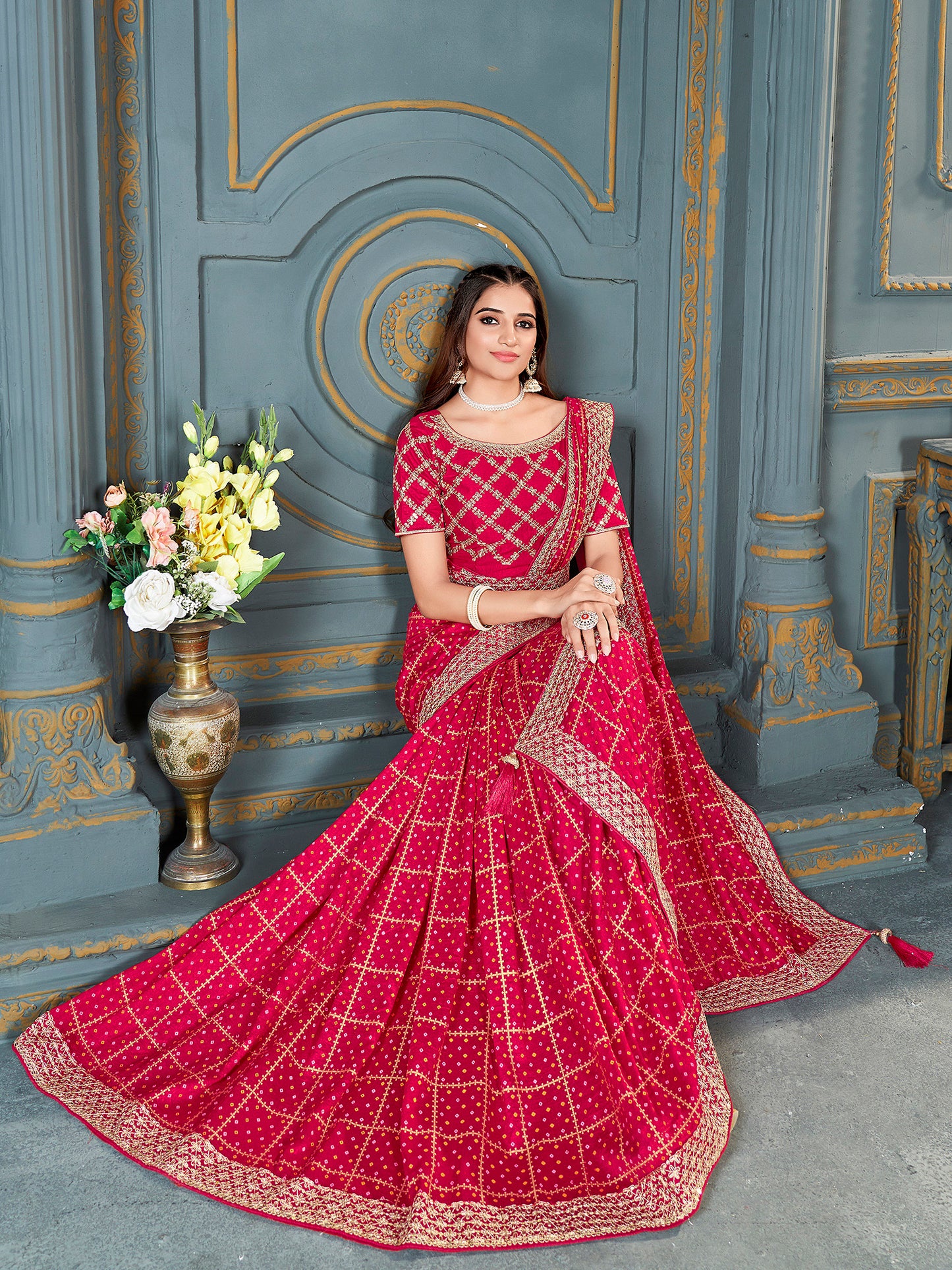 Women's Vichitra Silk Pink Embellished Designer Saree With Blouse Piece