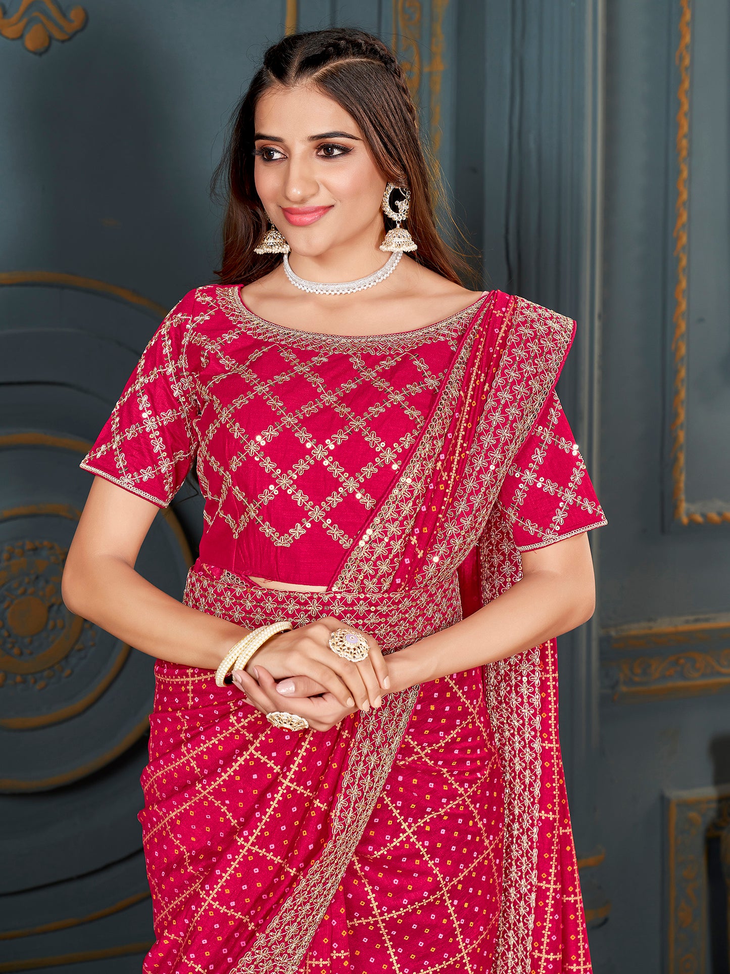Women's Vichitra Silk Pink Embellished Designer Saree With Blouse Piece