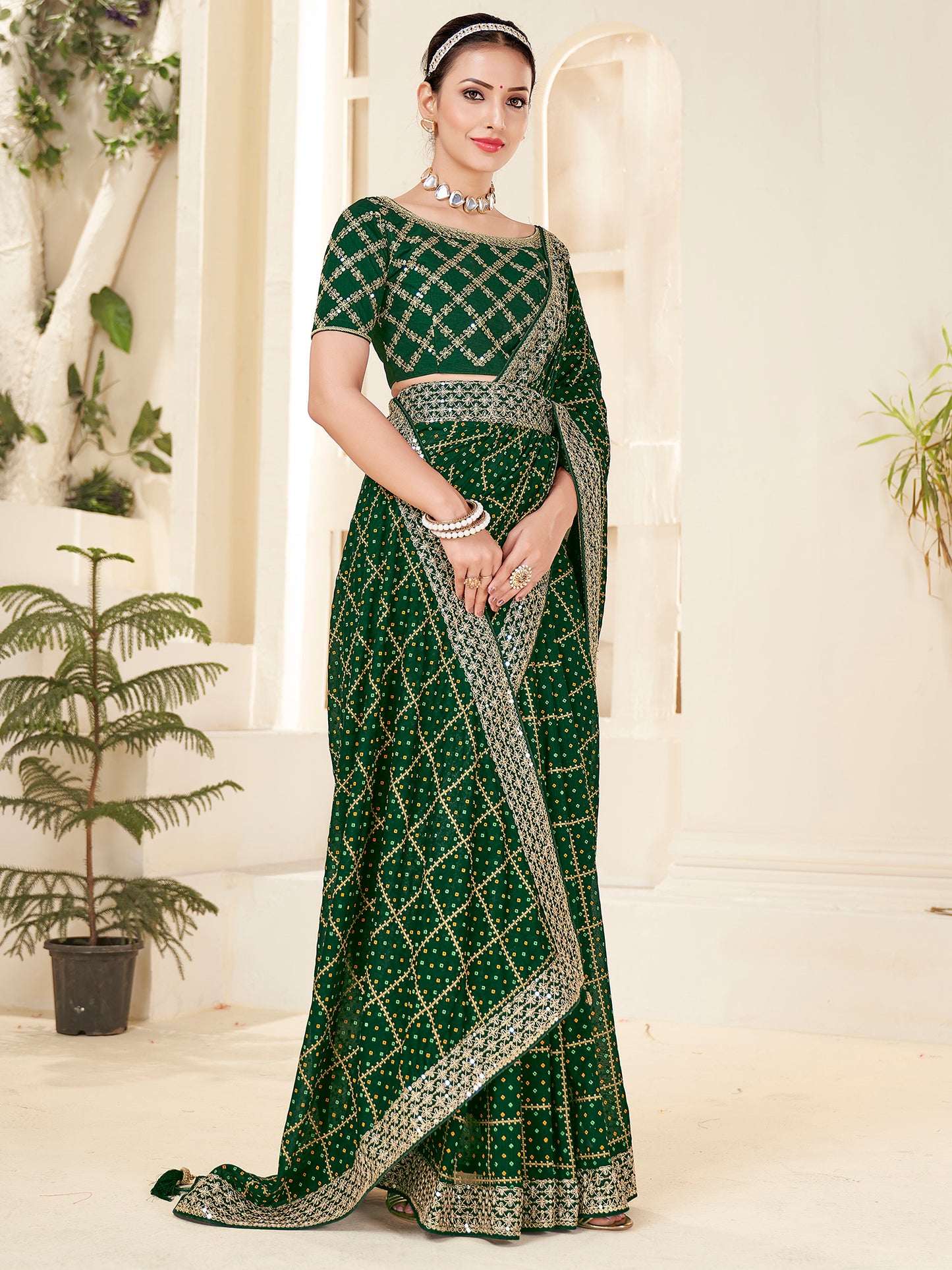 Women's Vichitra Silk Green Embellished Designer Saree With Blouse Piece