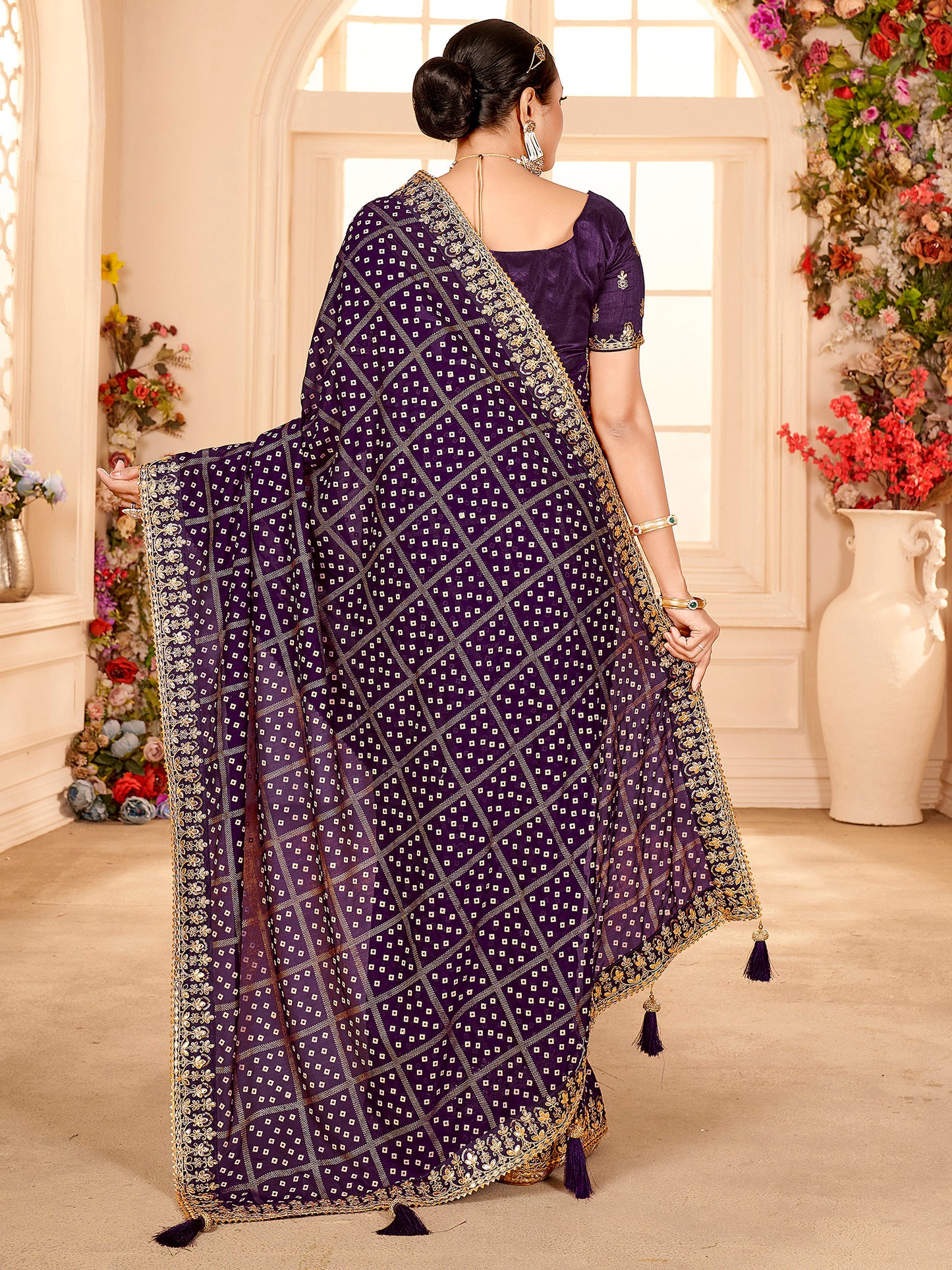 Women's Vichitra Silk Purple Embellished Designer Saree With Blouse Piece
