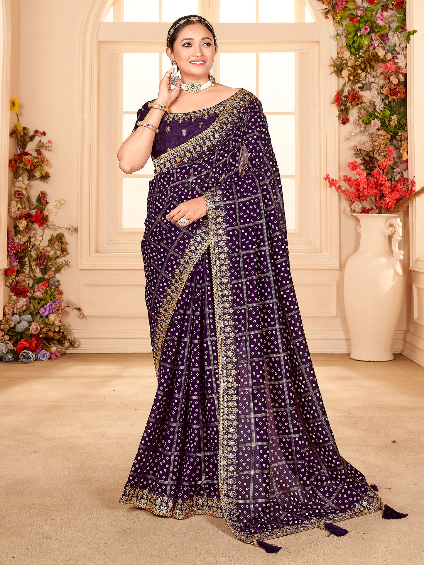 Women's Vichitra Silk Purple Embellished Designer Saree With Blouse Piece