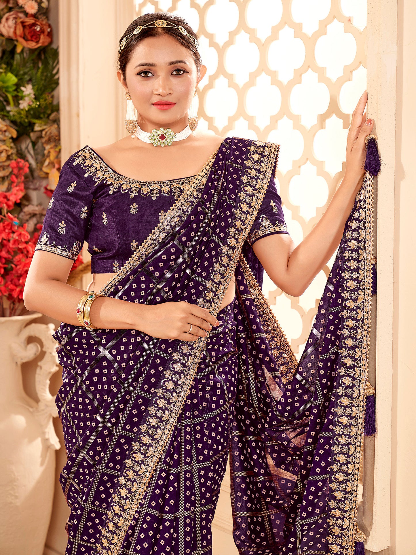 Women's Vichitra Silk Purple Embellished Designer Saree With Blouse Piece