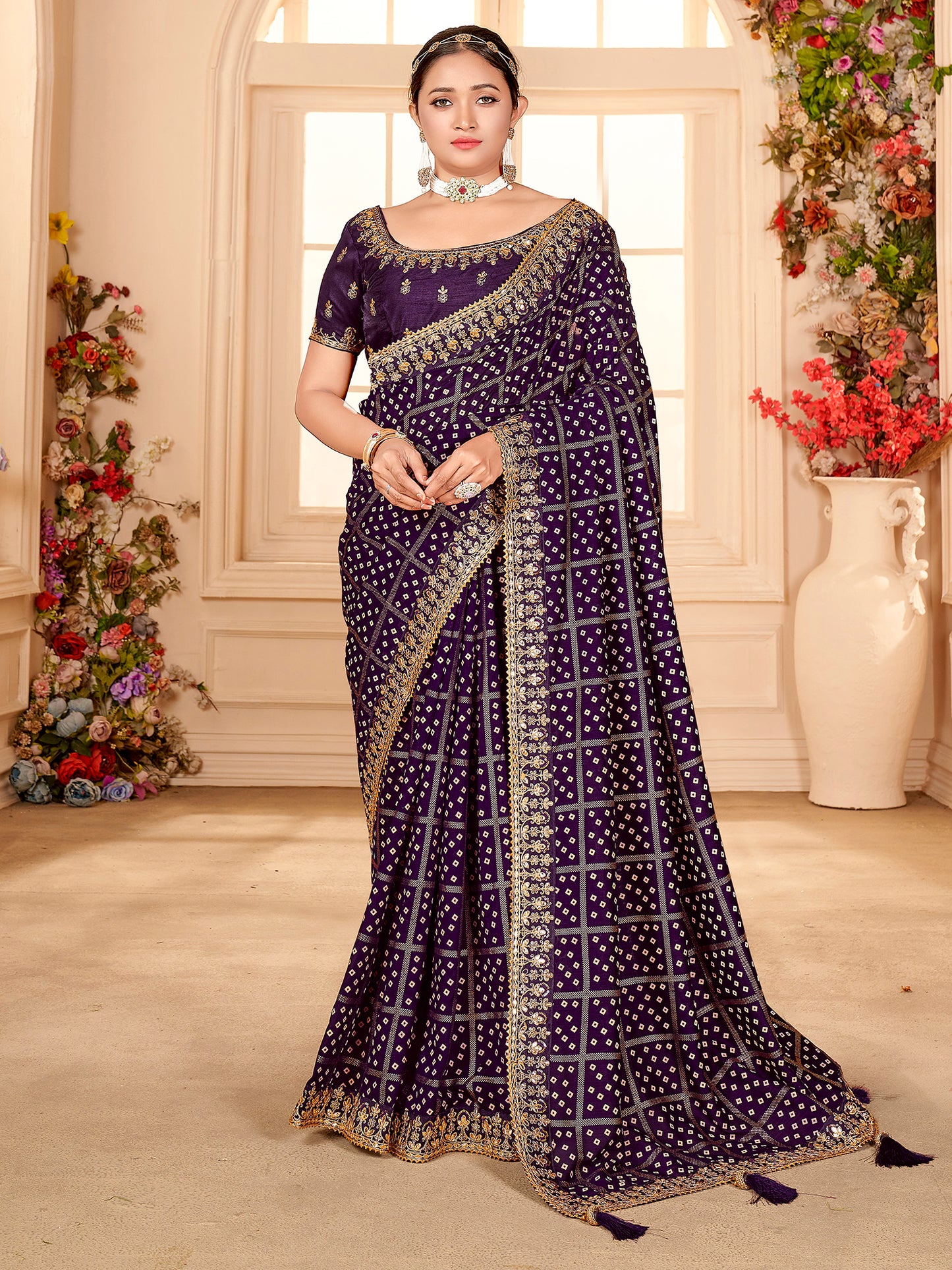 Women's Vichitra Silk Purple Embellished Designer Saree With Blouse Piece