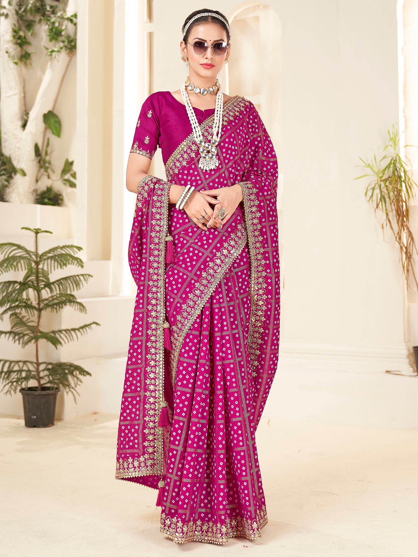 Women's Vichitra Silk Pink Embellished Designer Saree With Blouse Piece