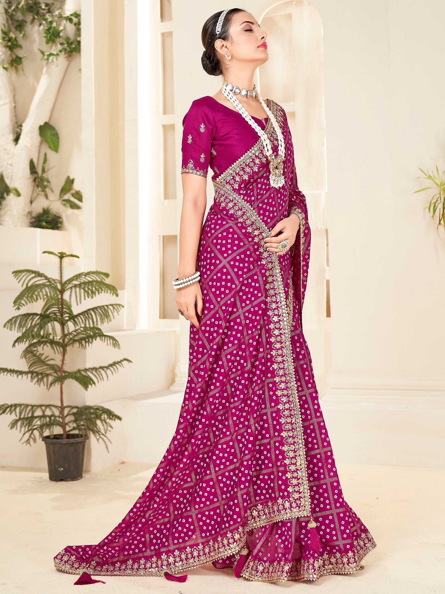 Women's Vichitra Silk Pink Embellished Designer Saree With Blouse Piece