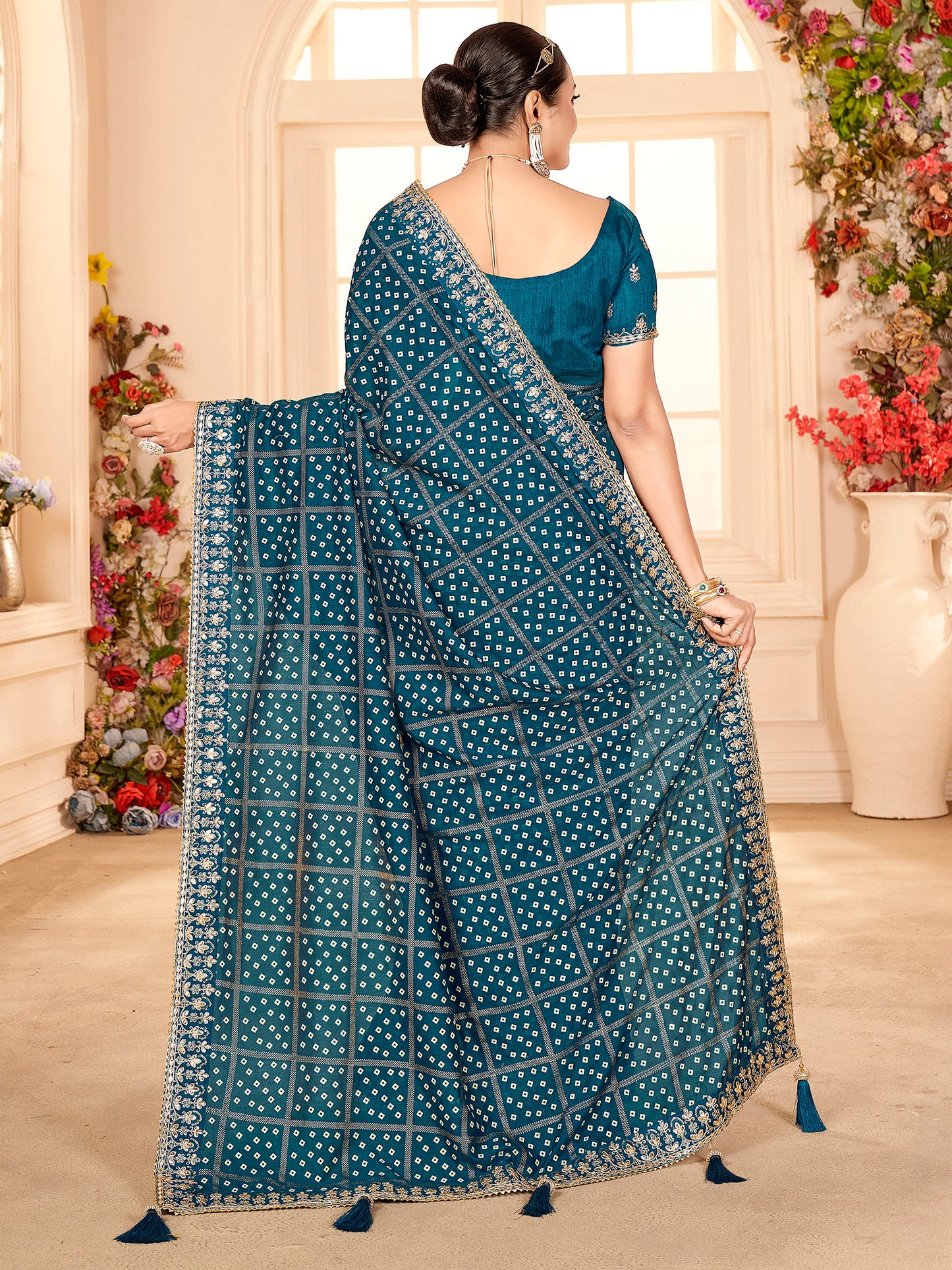 Women's Vichitra Silk Blue Embellished Designer Saree With Blouse Piece
