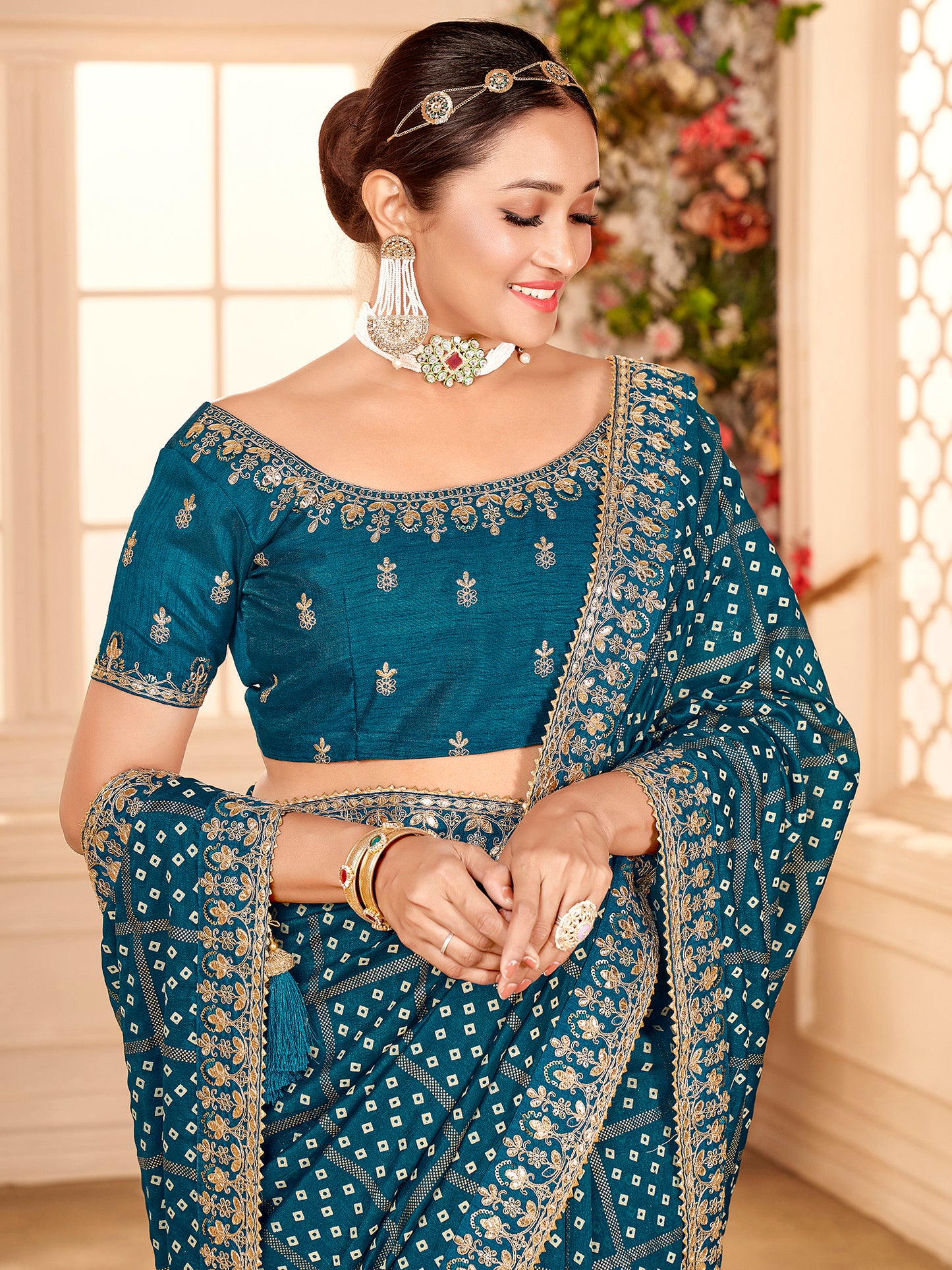 Women's Vichitra Silk Blue Embellished Designer Saree With Blouse Piece