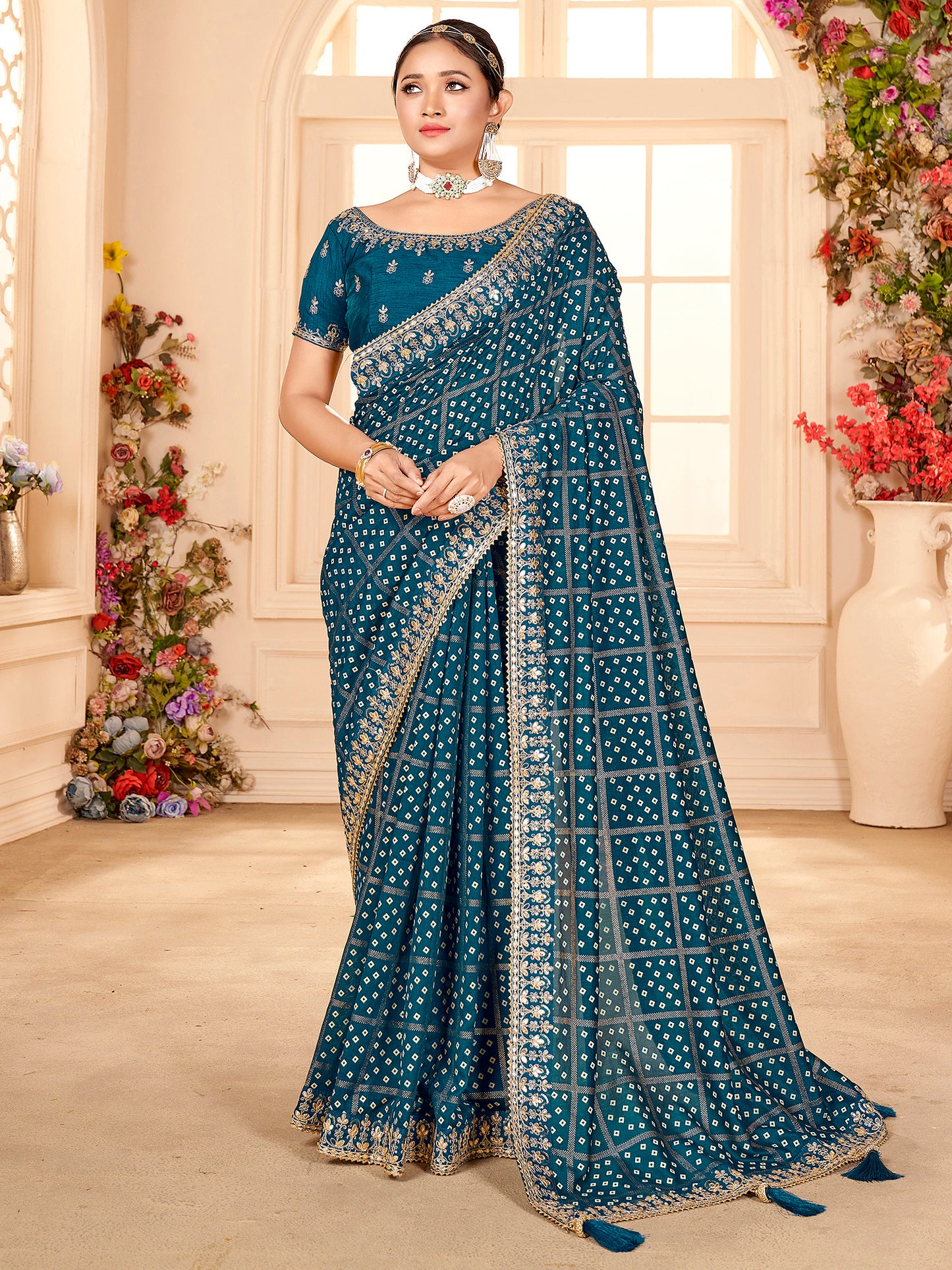 Women's Vichitra Silk Blue Embellished Designer Saree With Blouse Piece