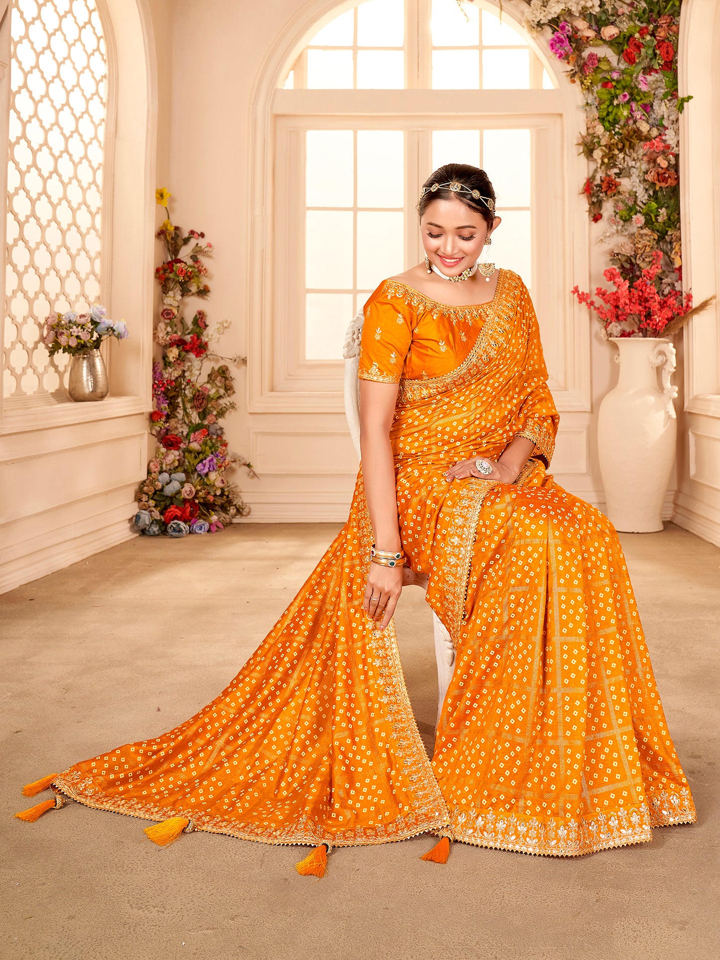 Women's Vichitra Silk Yellow Embellished Designer Saree With Blouse Piece
