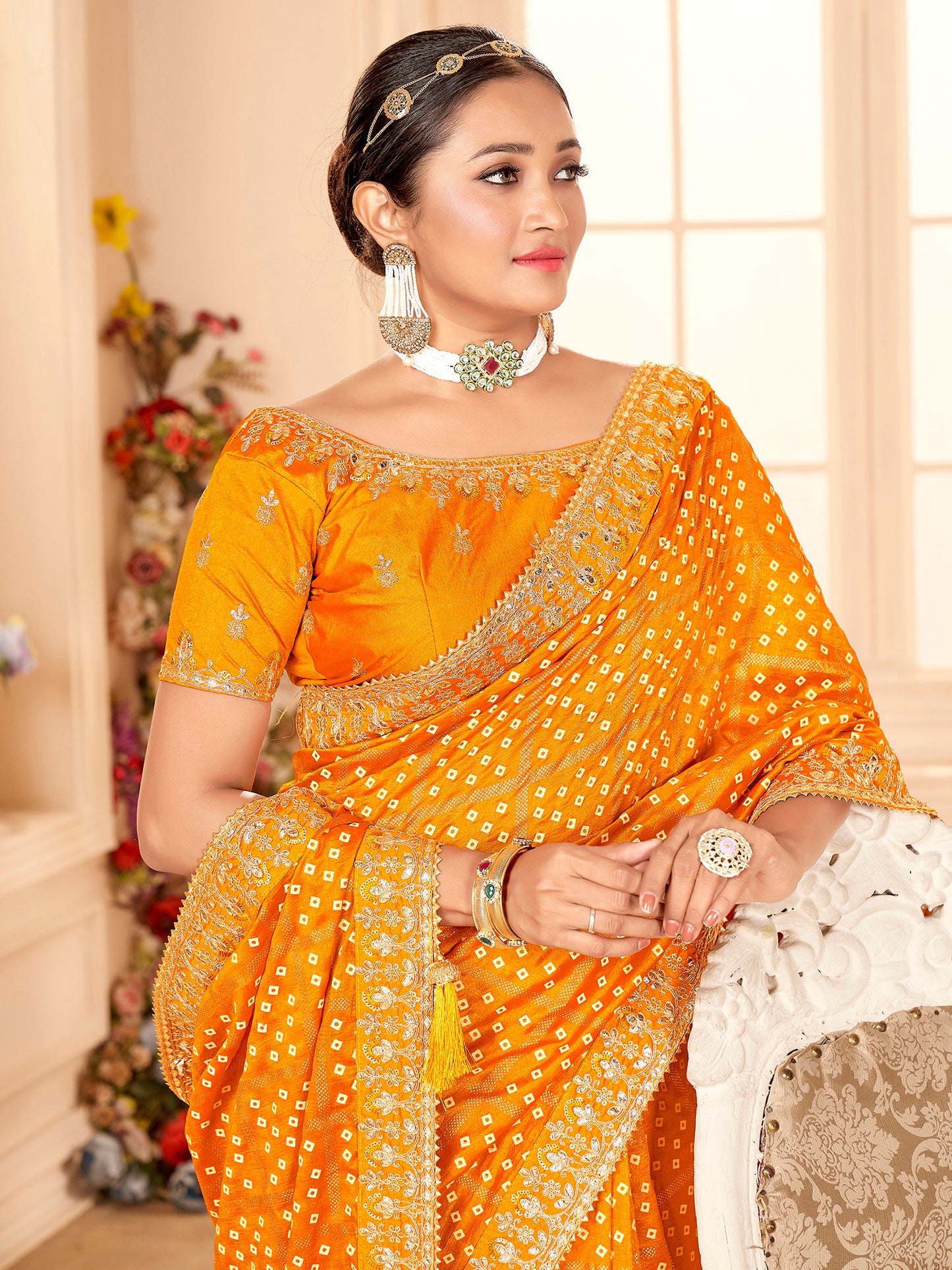 Women's Vichitra Silk Yellow Embellished Designer Saree With Blouse Piece