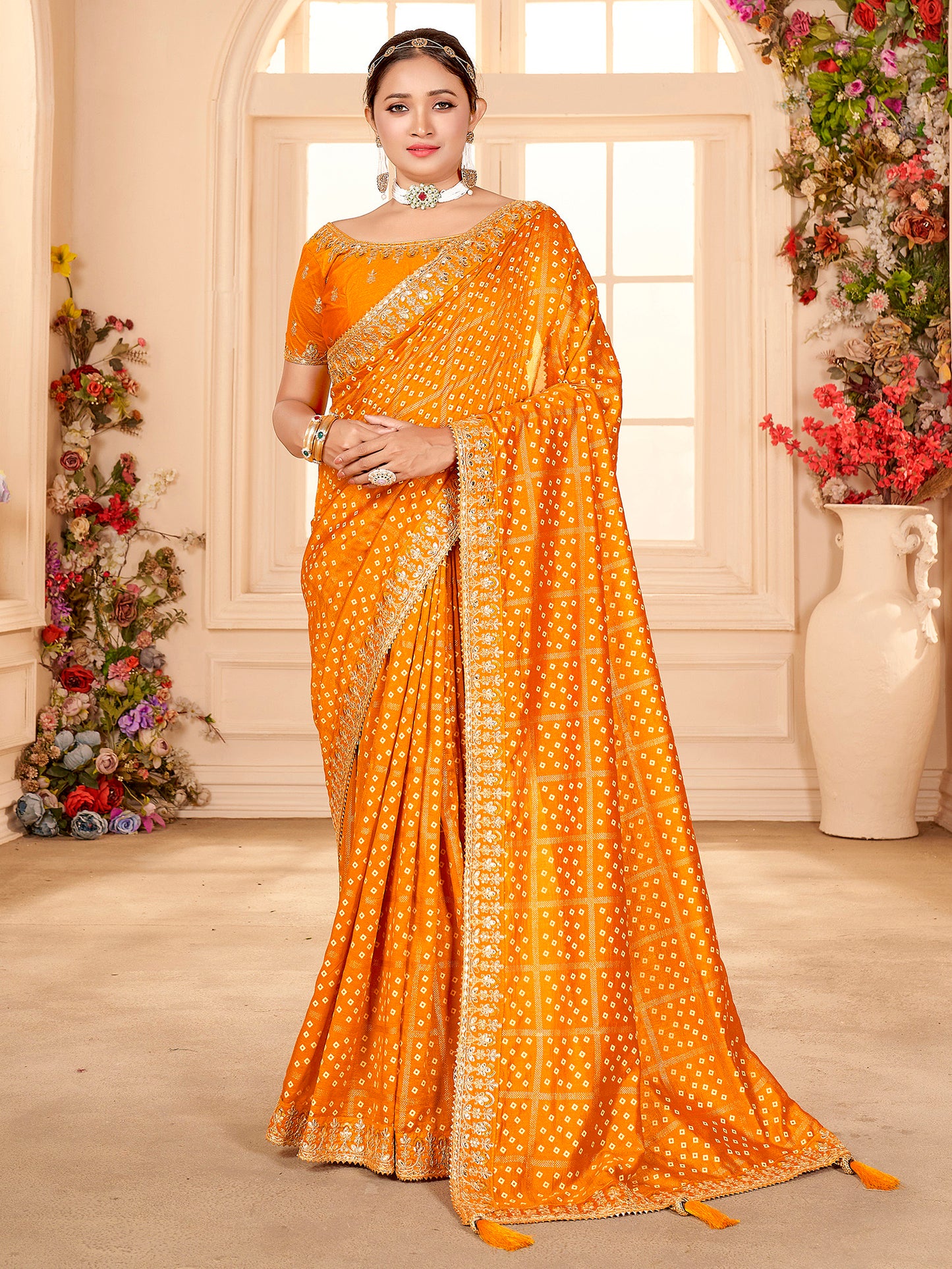 Women's Vichitra Silk Yellow Embellished Designer Saree With Blouse Piece