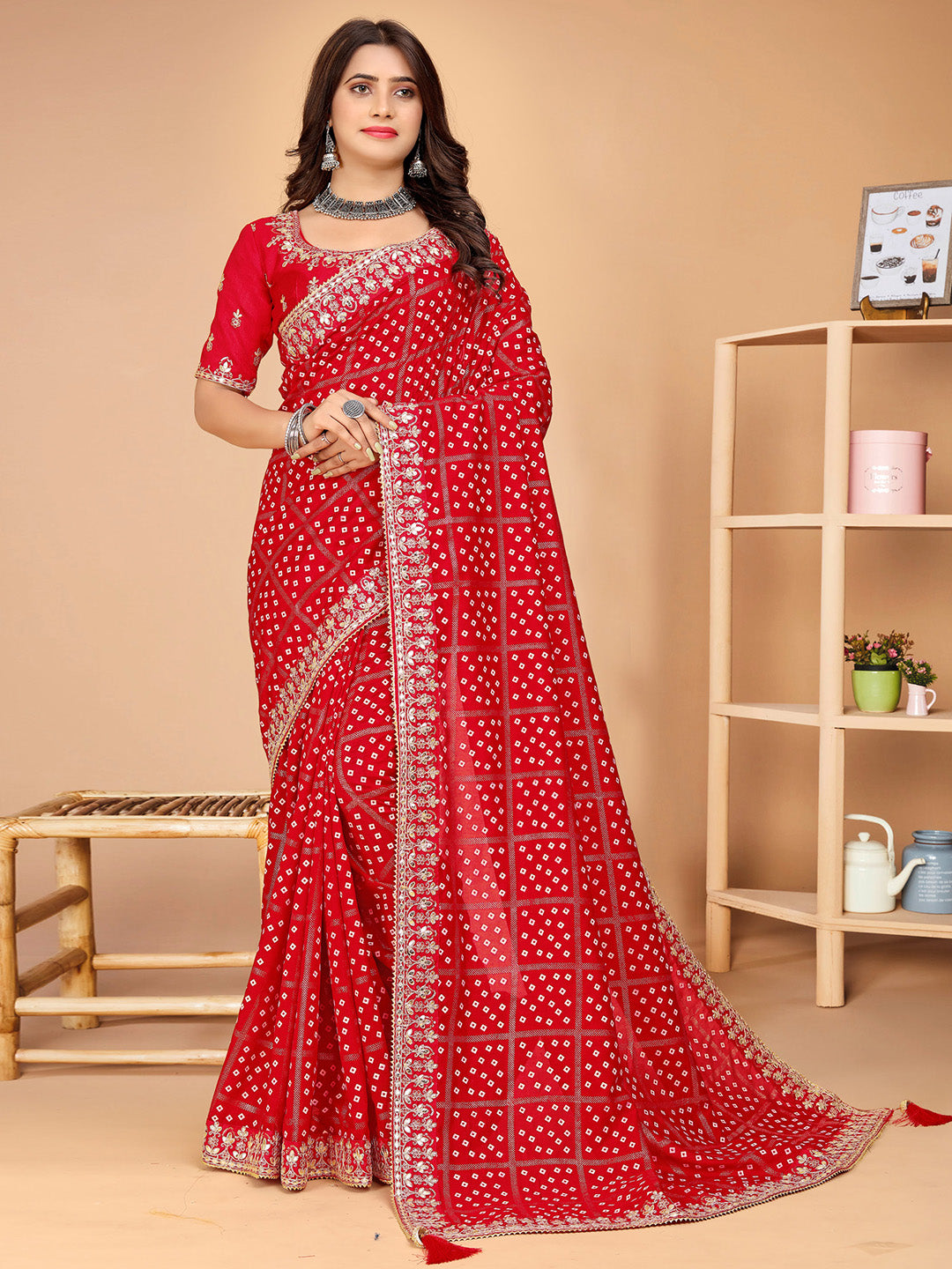 Women's Vichitra Silk Red Embellished Designer Saree With Blouse Piece