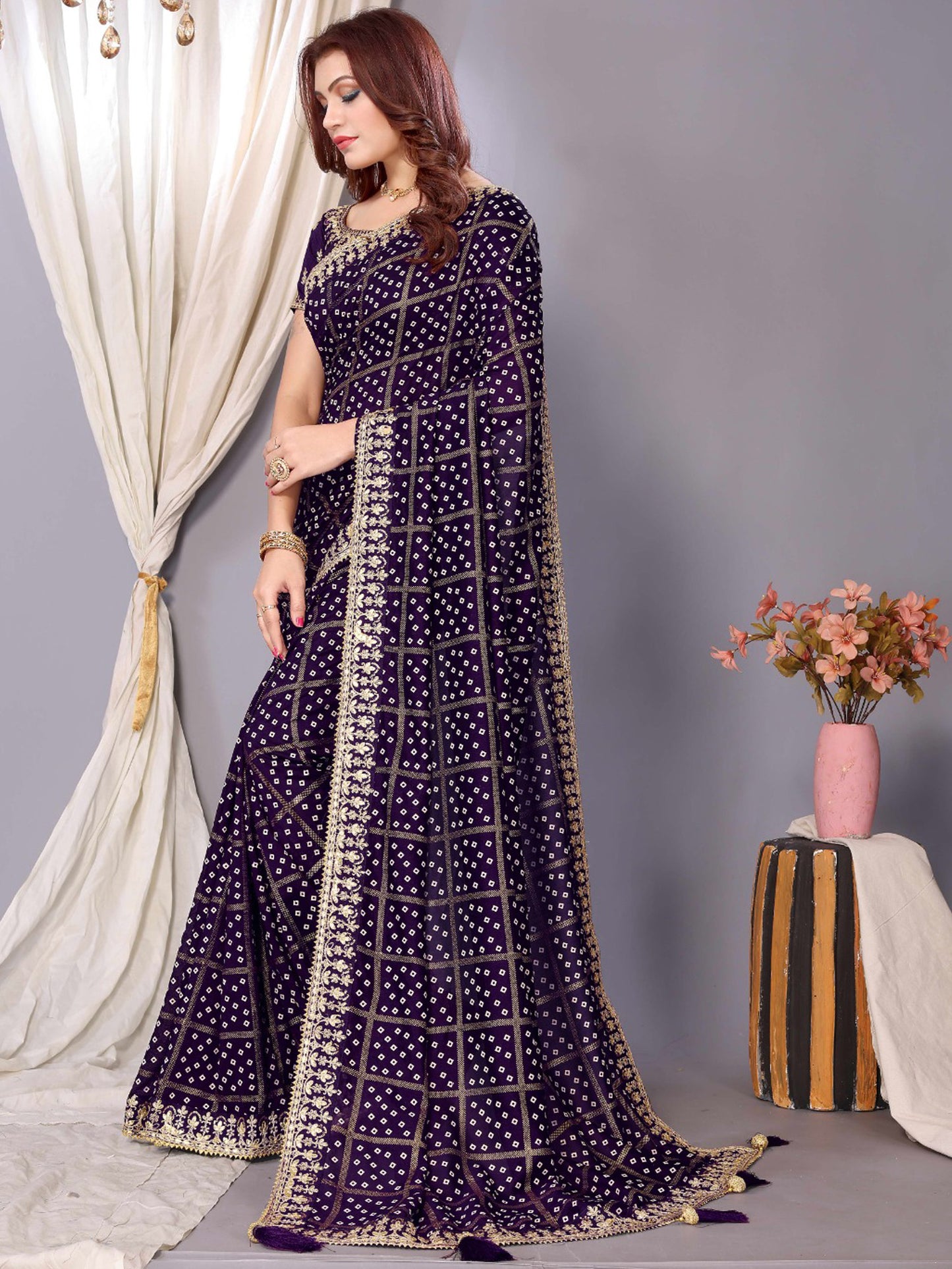 Women's Vichitra Silk Purple Embellished Designer Saree With Blouse Piece