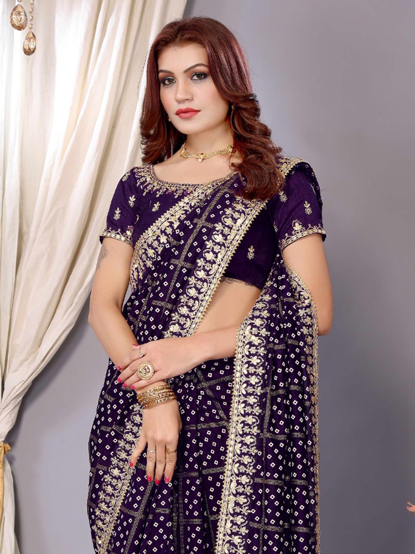 Women's Vichitra Silk Purple Embellished Designer Saree With Blouse Piece