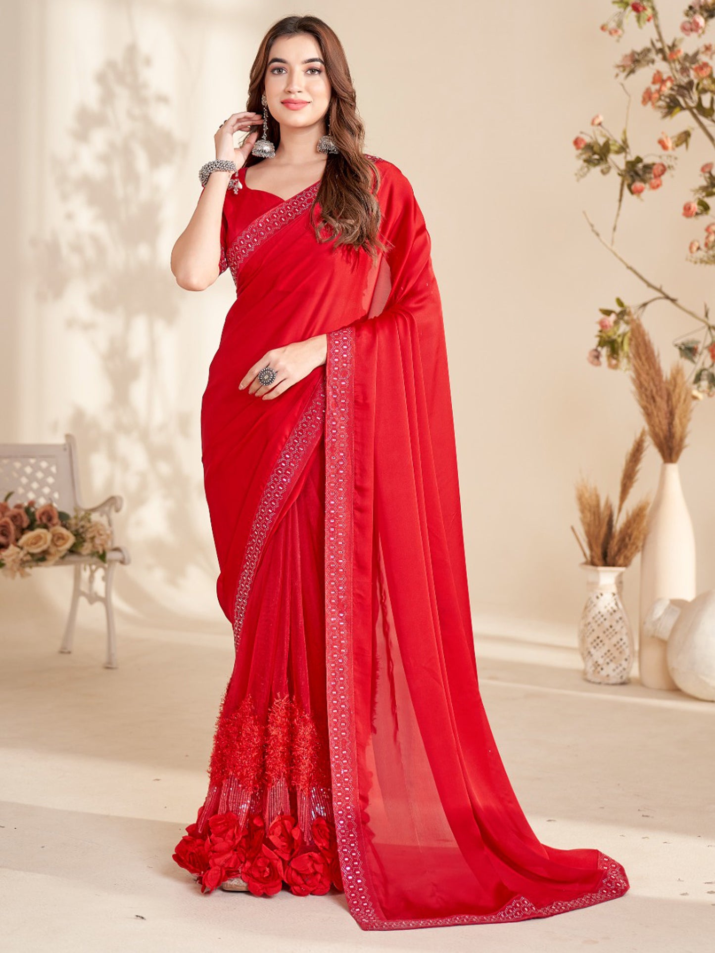 Women's Georgette Red Embellished Celebrity Saree With Blouse Piece