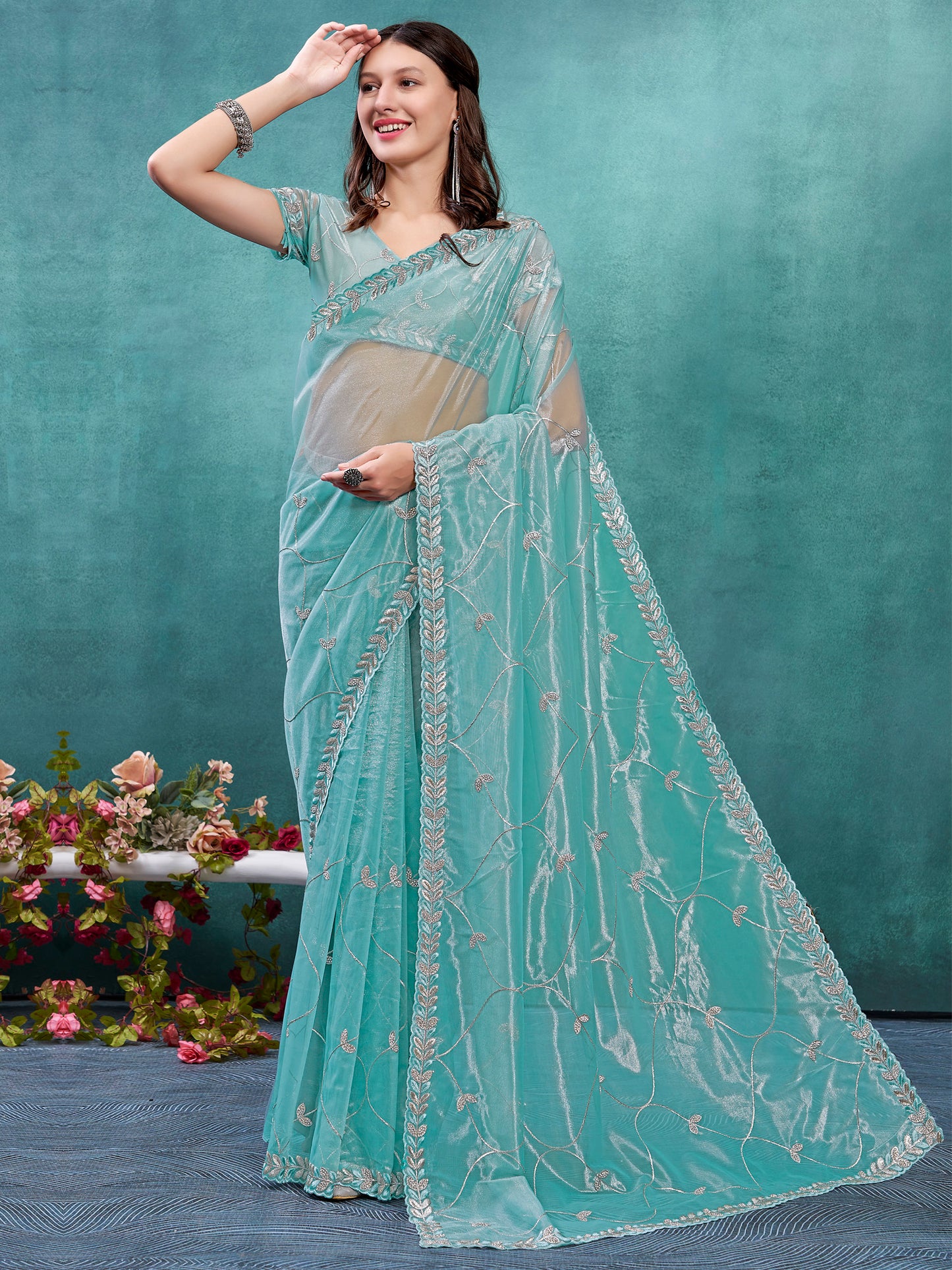 Women's Organza Turquoise Embellished Designer Saree With Blouse Piece