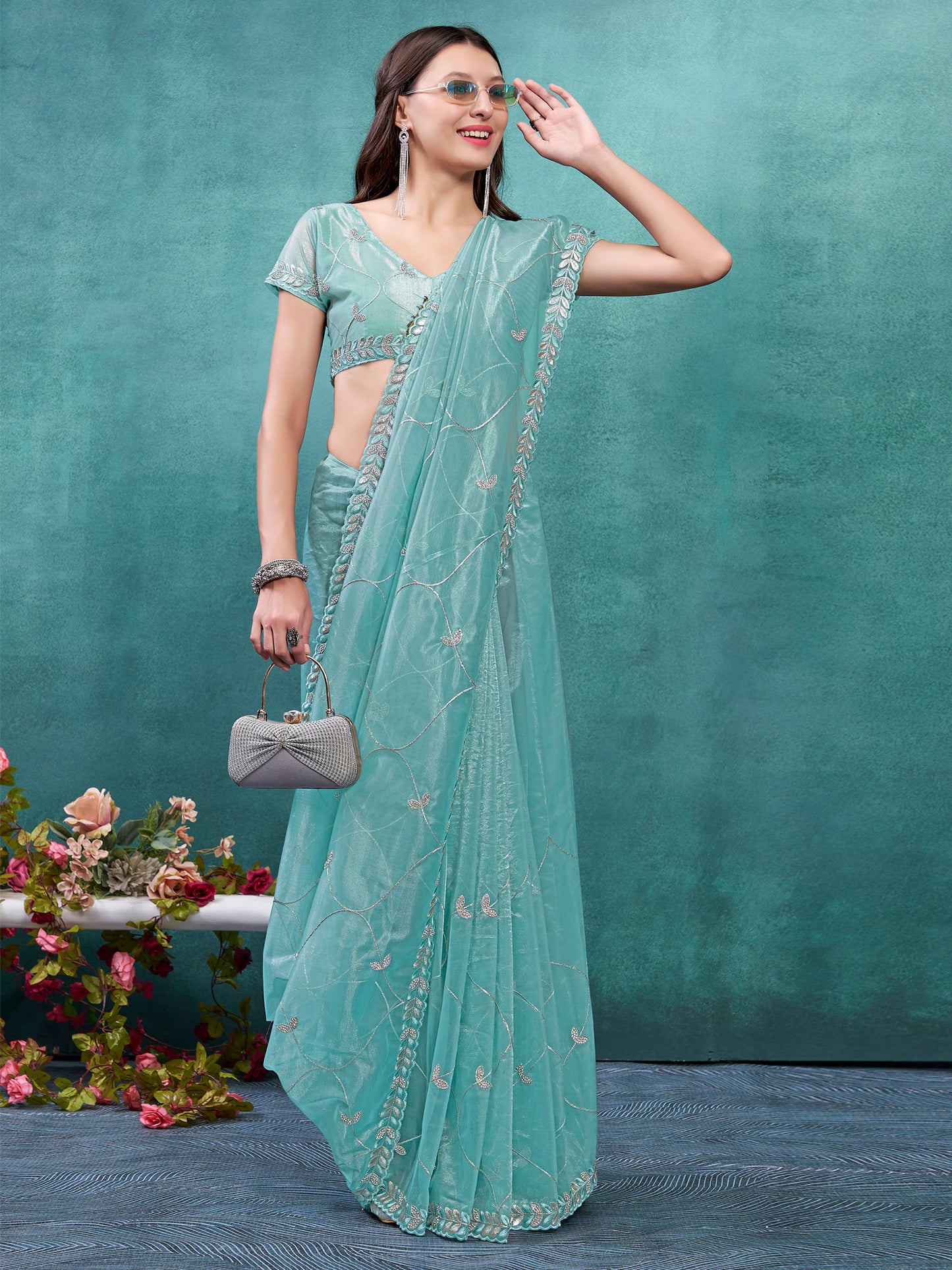 Women's Organza Turquoise Embellished Designer Saree With Blouse Piece