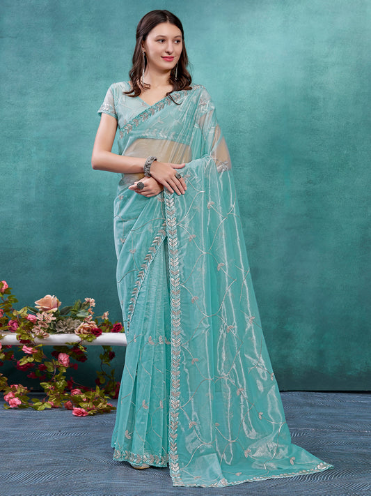 Women's Organza Turquoise Embellished Designer Saree With Blouse Piece