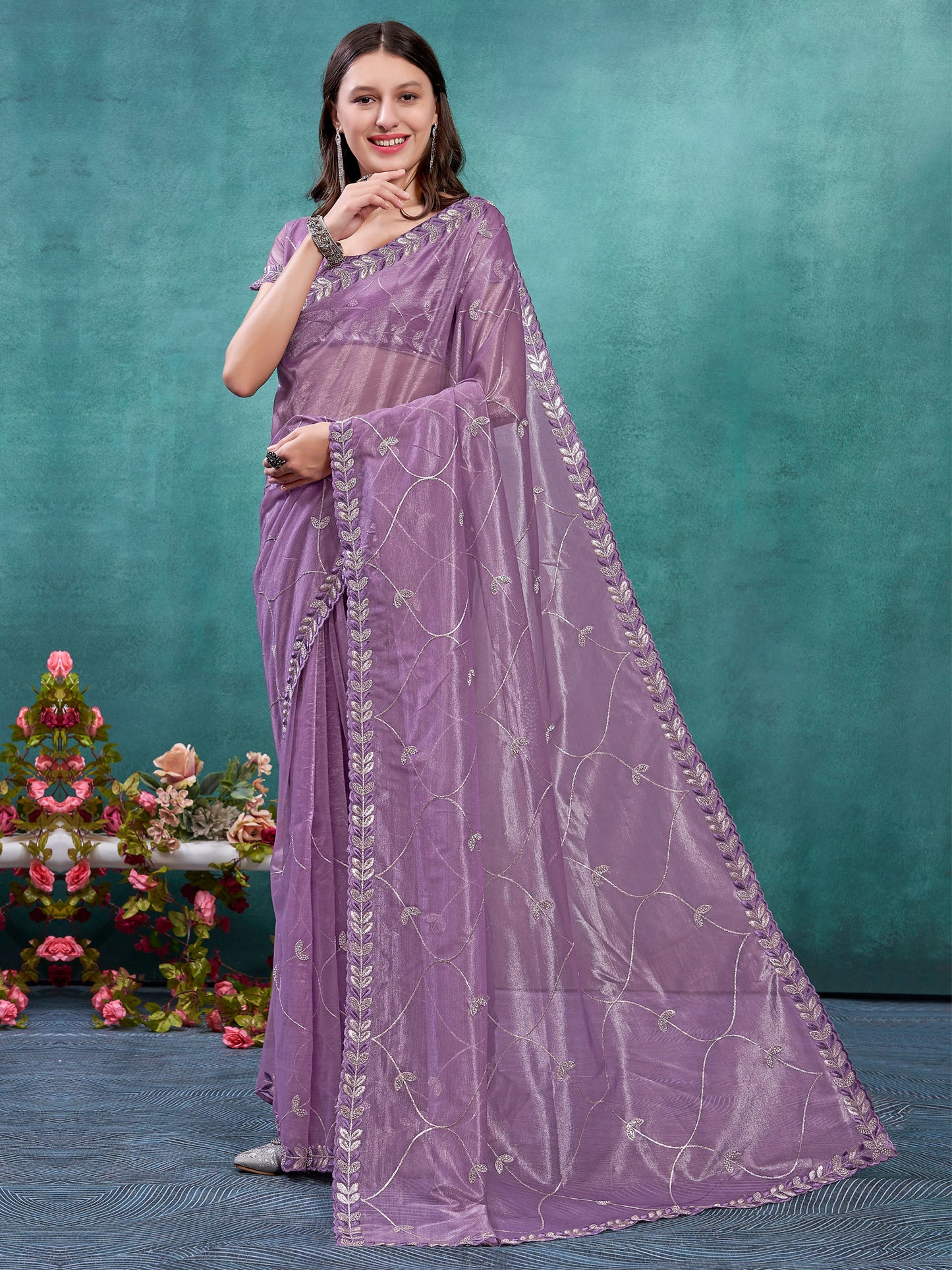 Women's Organza Mauve Embellished Designer Saree With Blouse Piece
