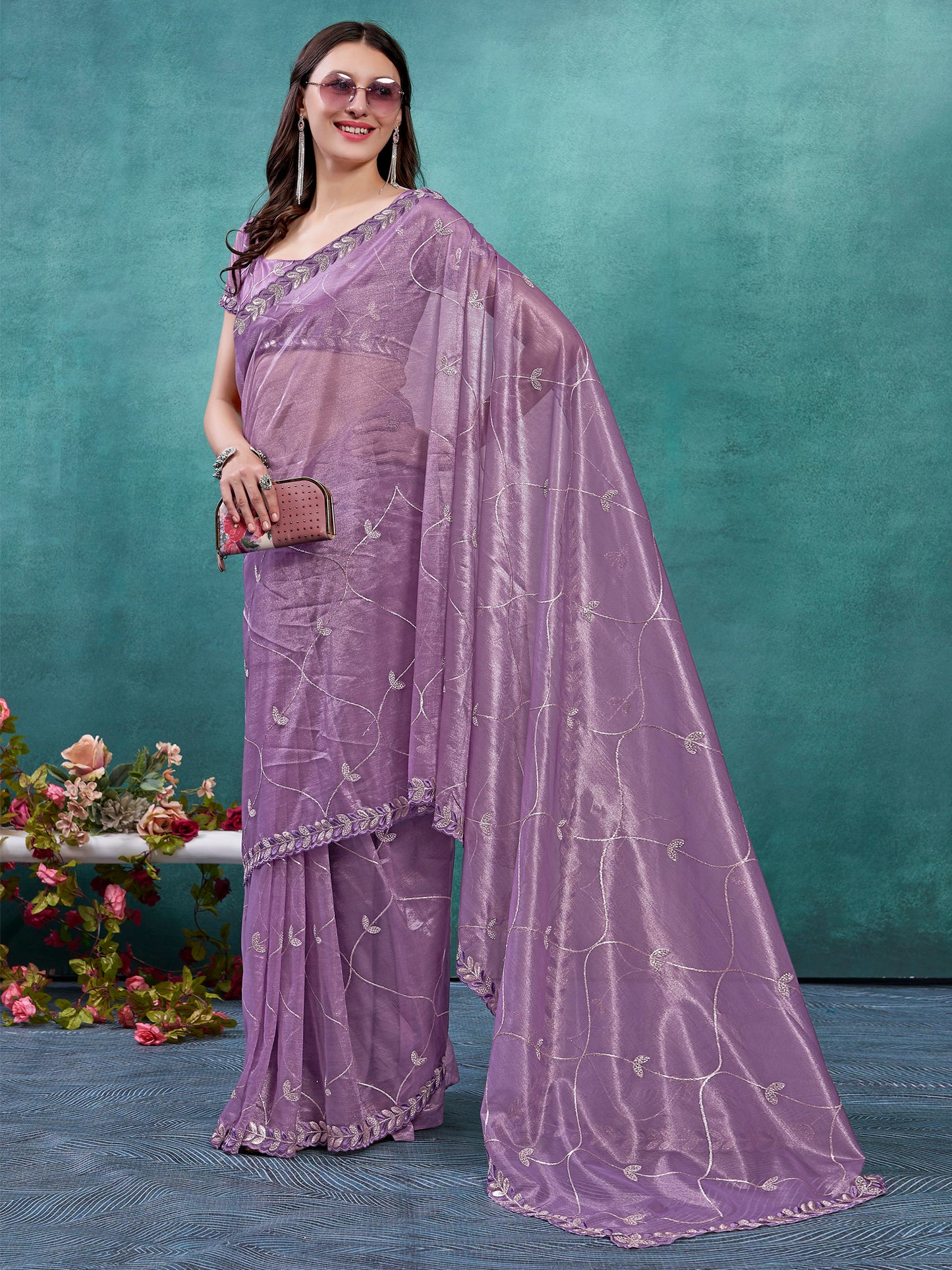 Women's Organza Mauve Embellished Designer Saree With Blouse Piece