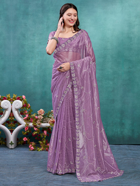 Women's Organza Mauve Embellished Designer Saree With Blouse Piece