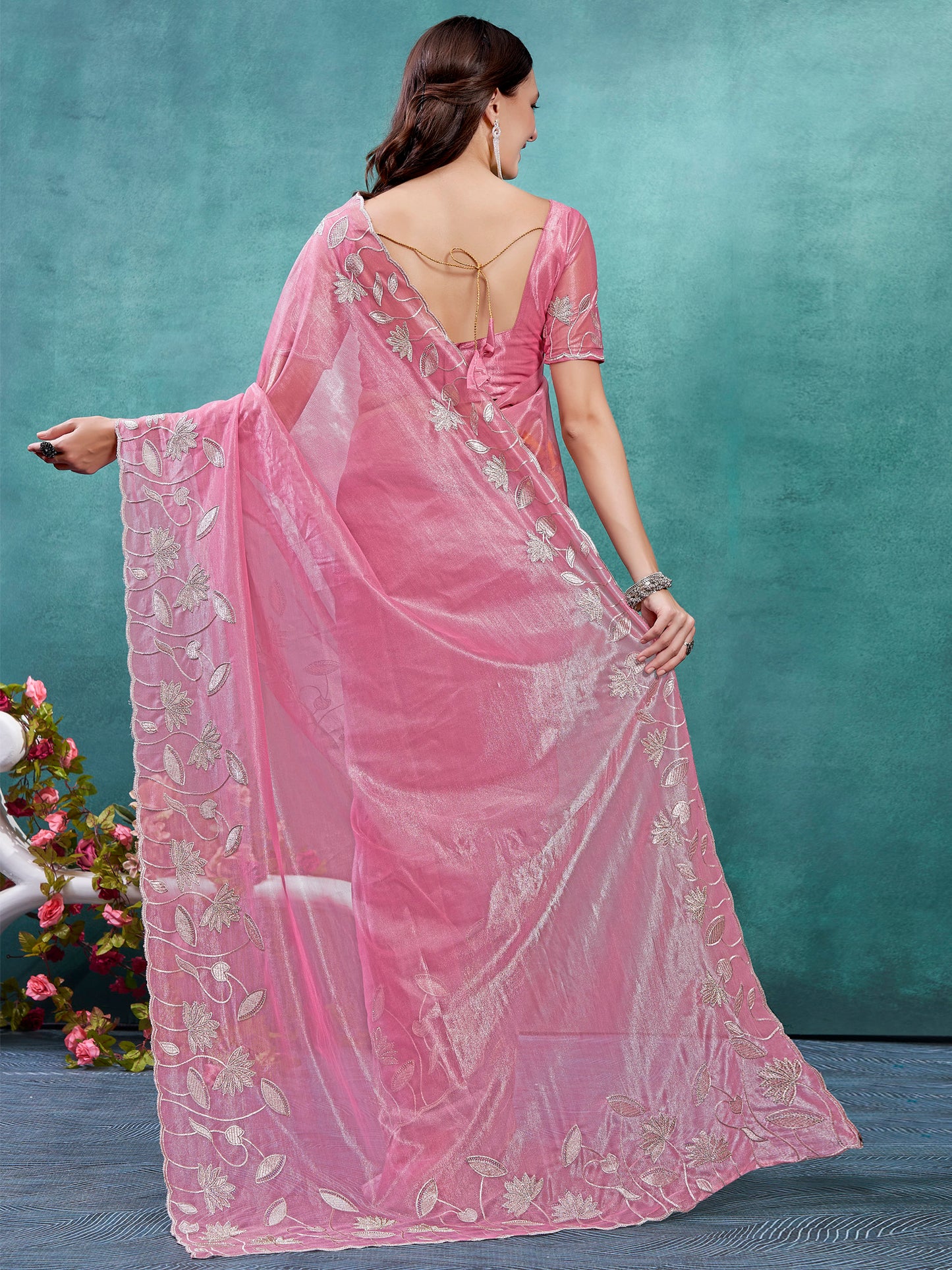 Women's Organza Pink Embellished Designer Saree With Blouse Piece