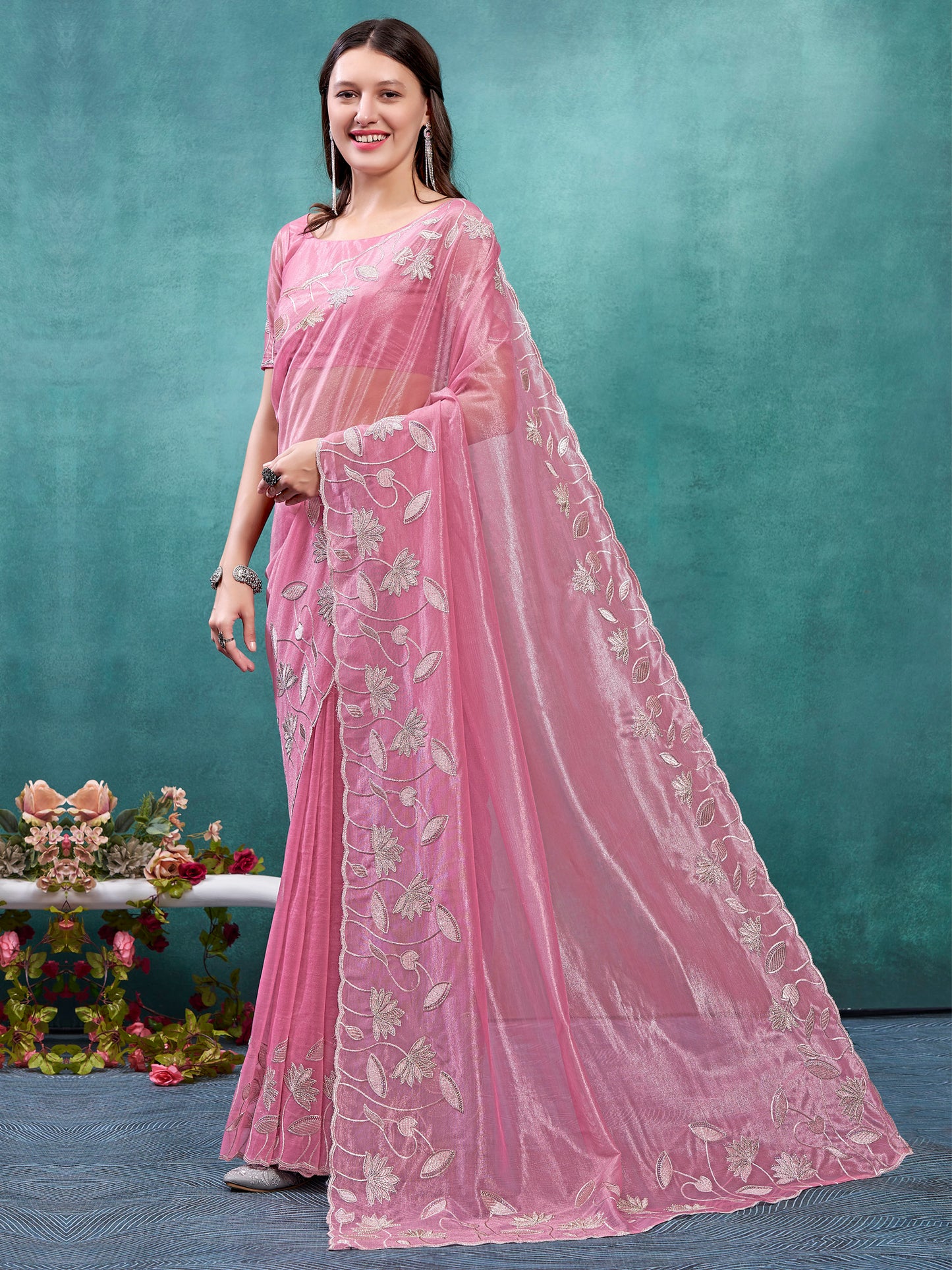 Women's Organza Pink Embellished Designer Saree With Blouse Piece