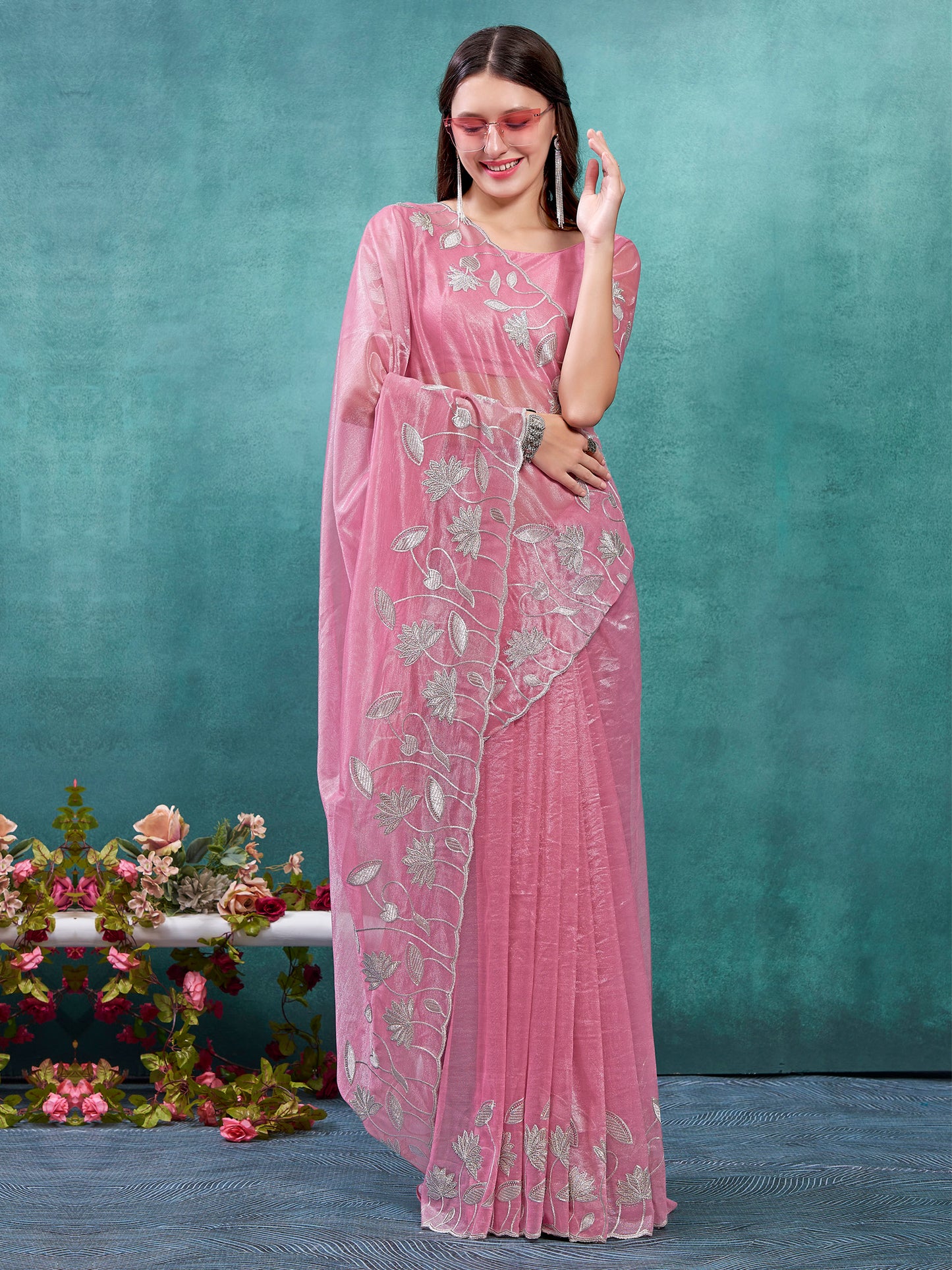 Women's Organza Pink Embellished Designer Saree With Blouse Piece