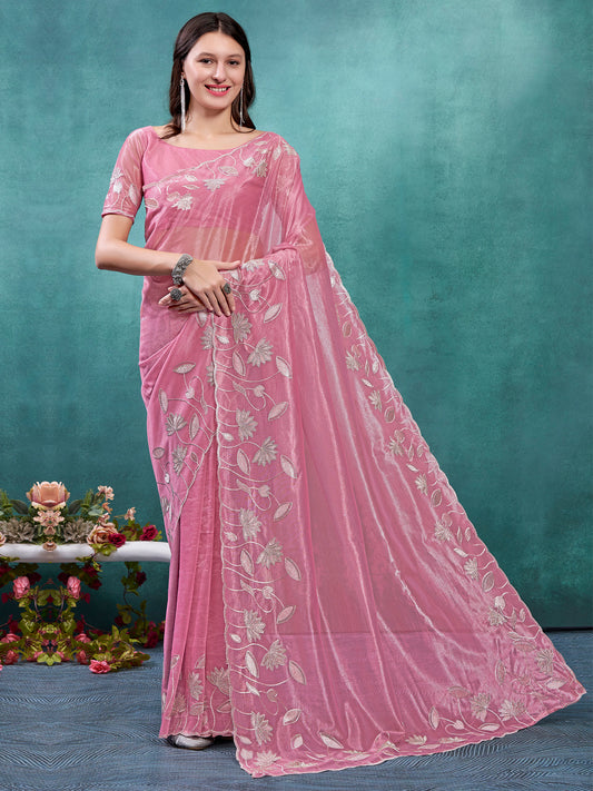 Women's Organza Pink Embellished Designer Saree With Blouse Piece