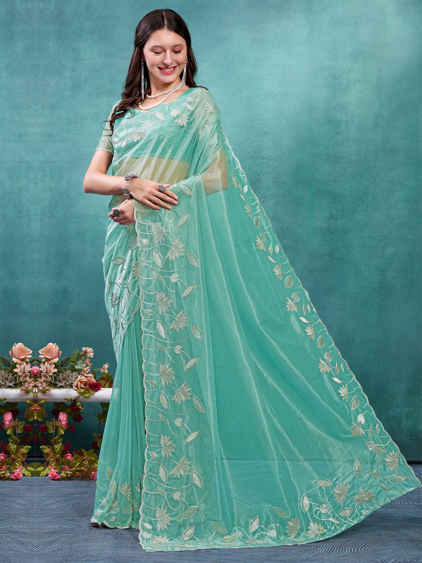 Women's Pure Chiffon Pink Embellished Designer Saree With Blouse Piece
