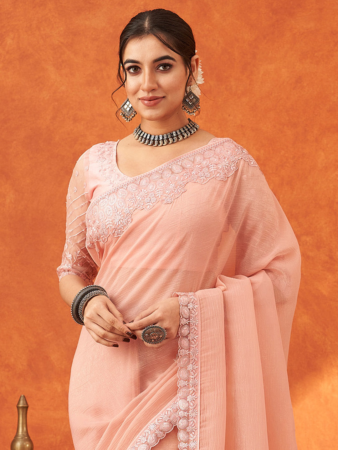 Women's Chiffon Peach Embellished Designer Saree With Blouse Piece