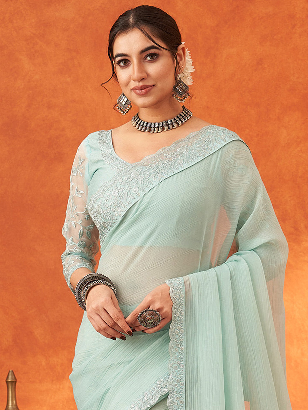Women's Chiffon Sea Green Embellished Designer Saree With Blouse Piece