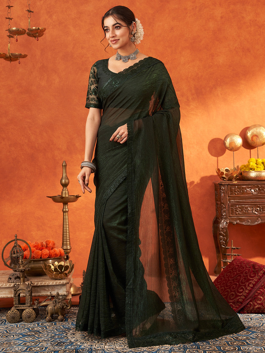 Women's Chiffon Green Embellished Designer Saree With Blouse Piece