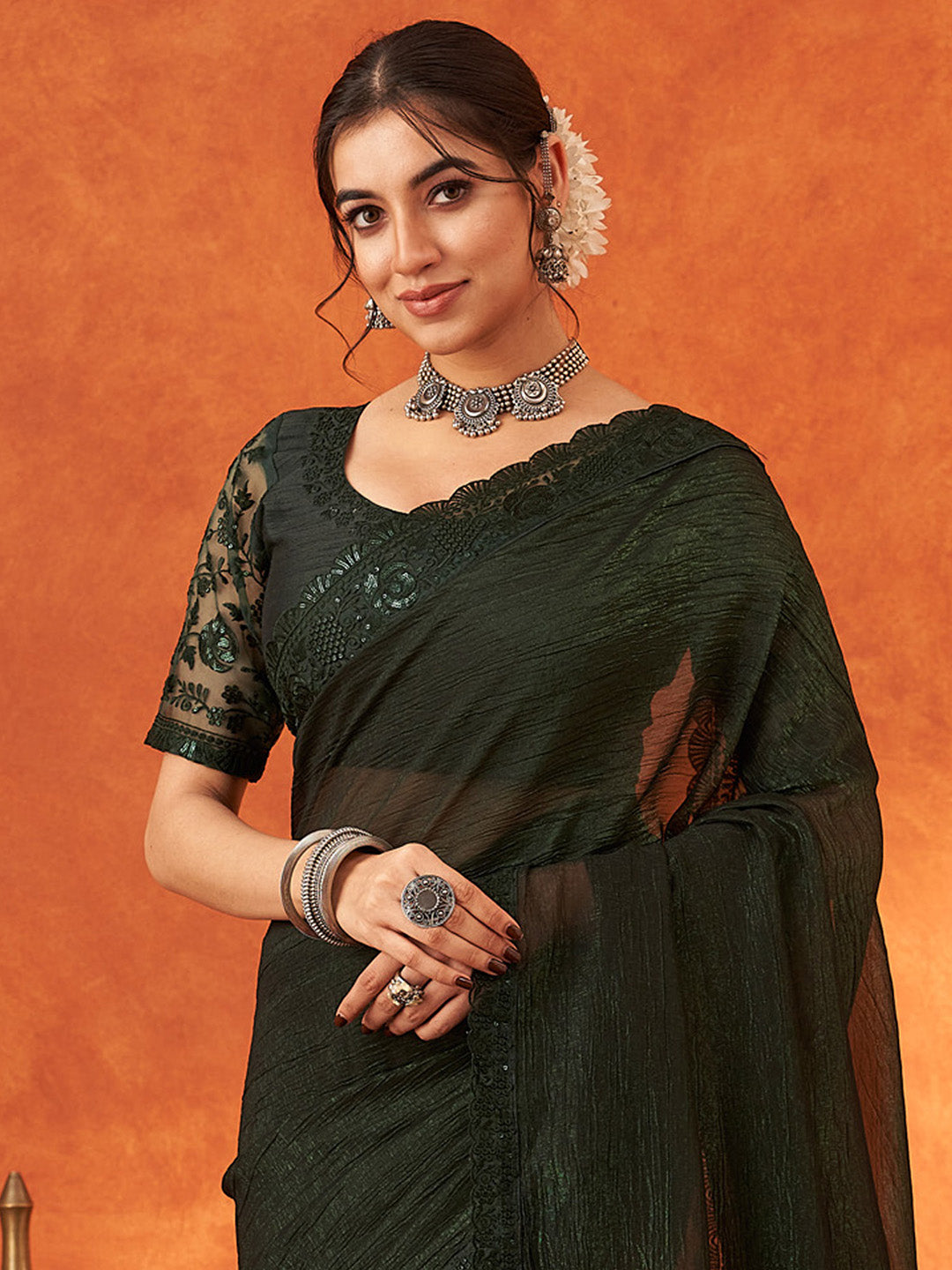 Women's Chiffon Green Embellished Designer Saree With Blouse Piece