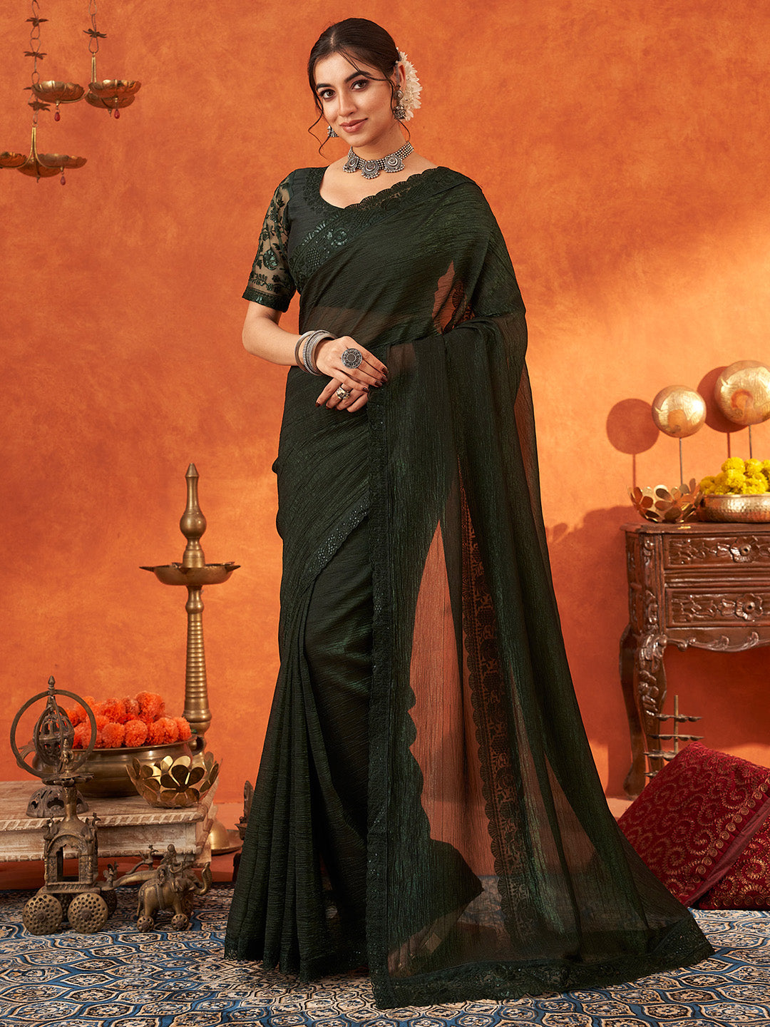 Women's Chiffon Green Embellished Designer Saree With Blouse Piece
