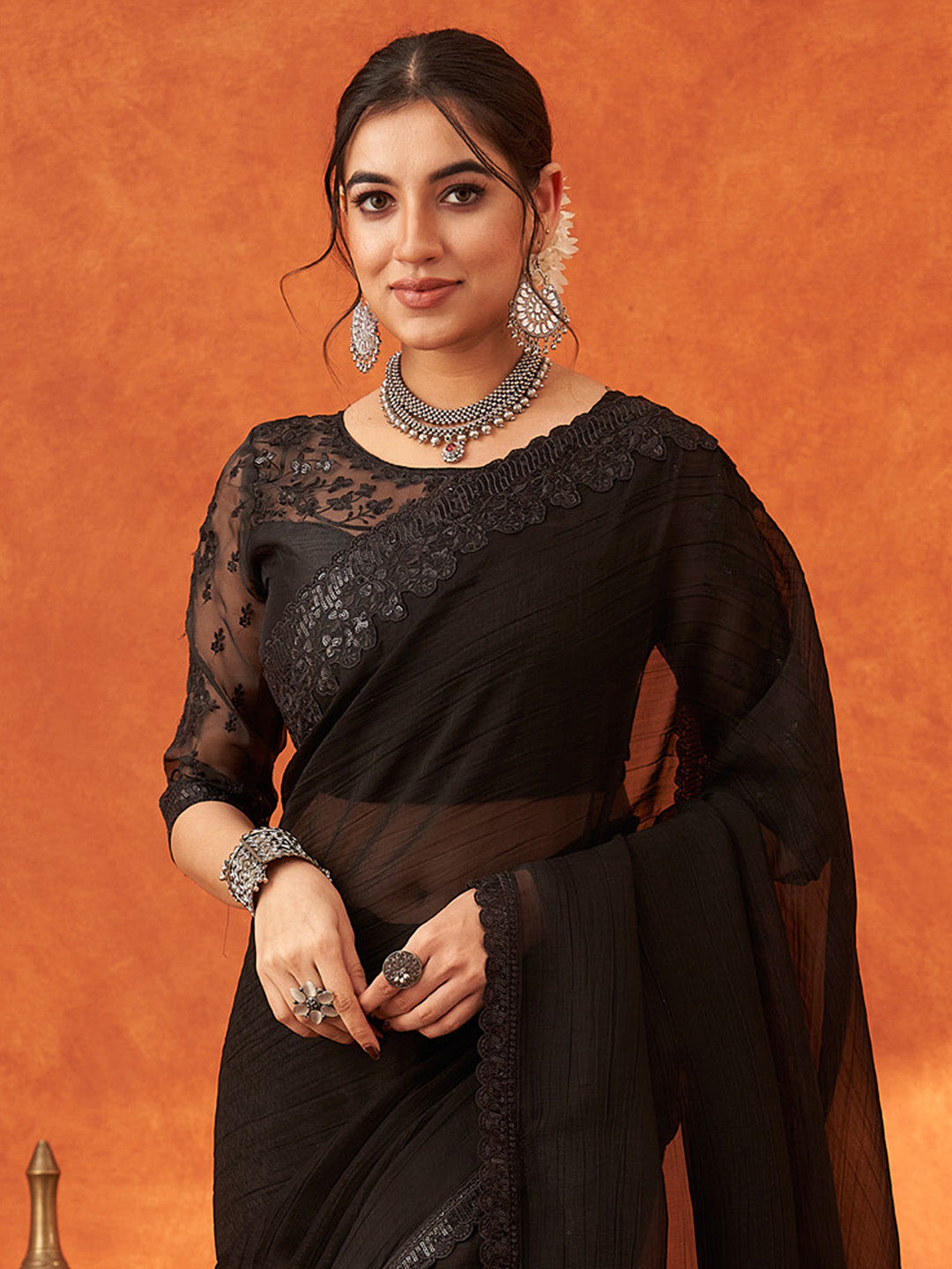 Women's Chiffon Black Embellished Designer Saree With Blouse Piece