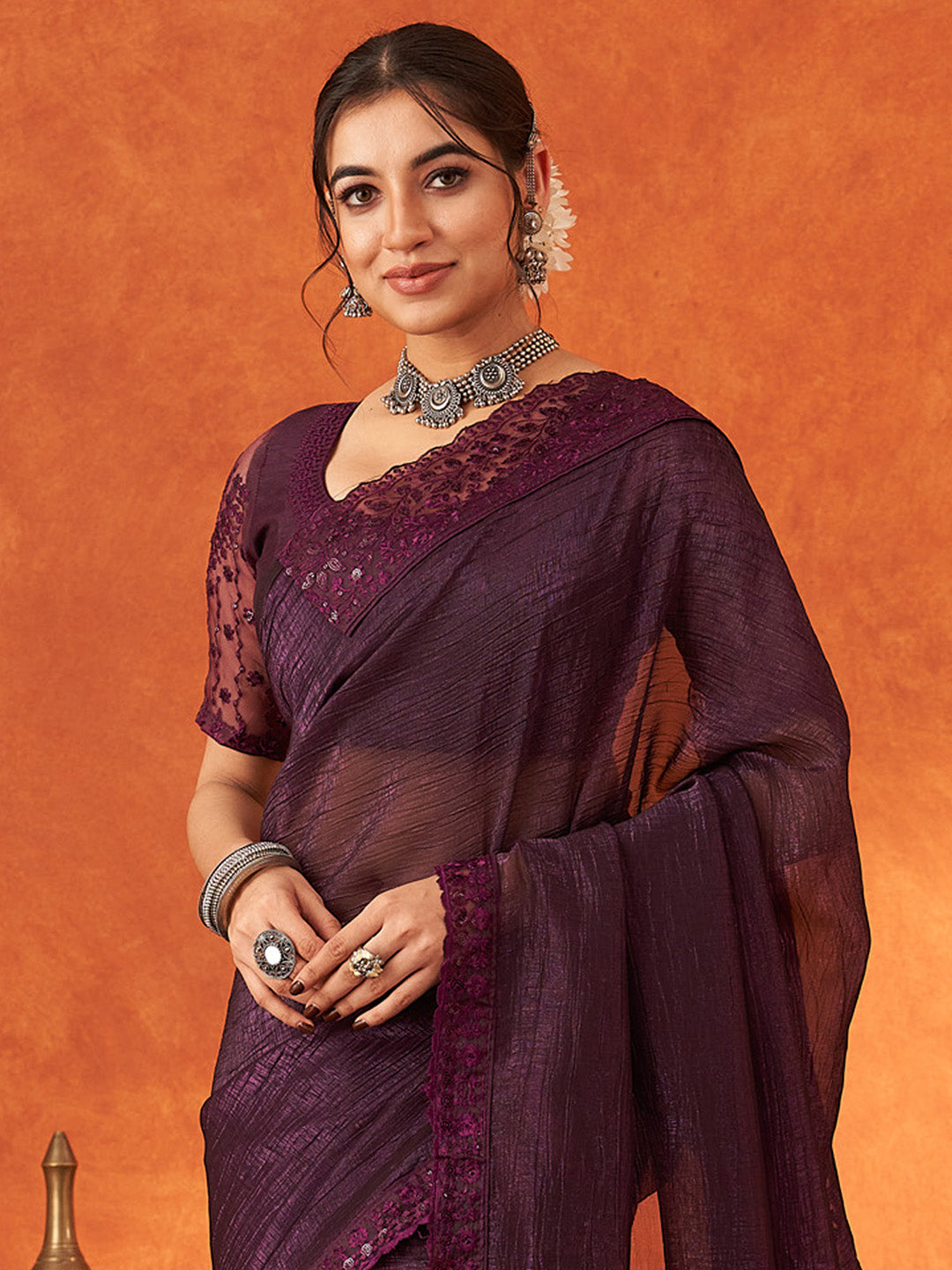 Women's Chiffon Purple Embellished Designer Saree With Blouse Piece