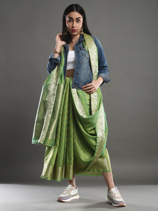 Women's Cotton Silk Green Woven Design Designer Saree With Blouse Piece