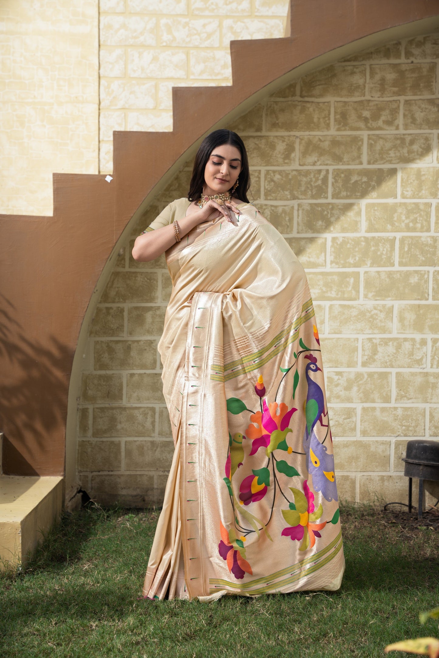 Dhiyona GR Women's Antara Cream Paithani Soft Blended Silk Saree