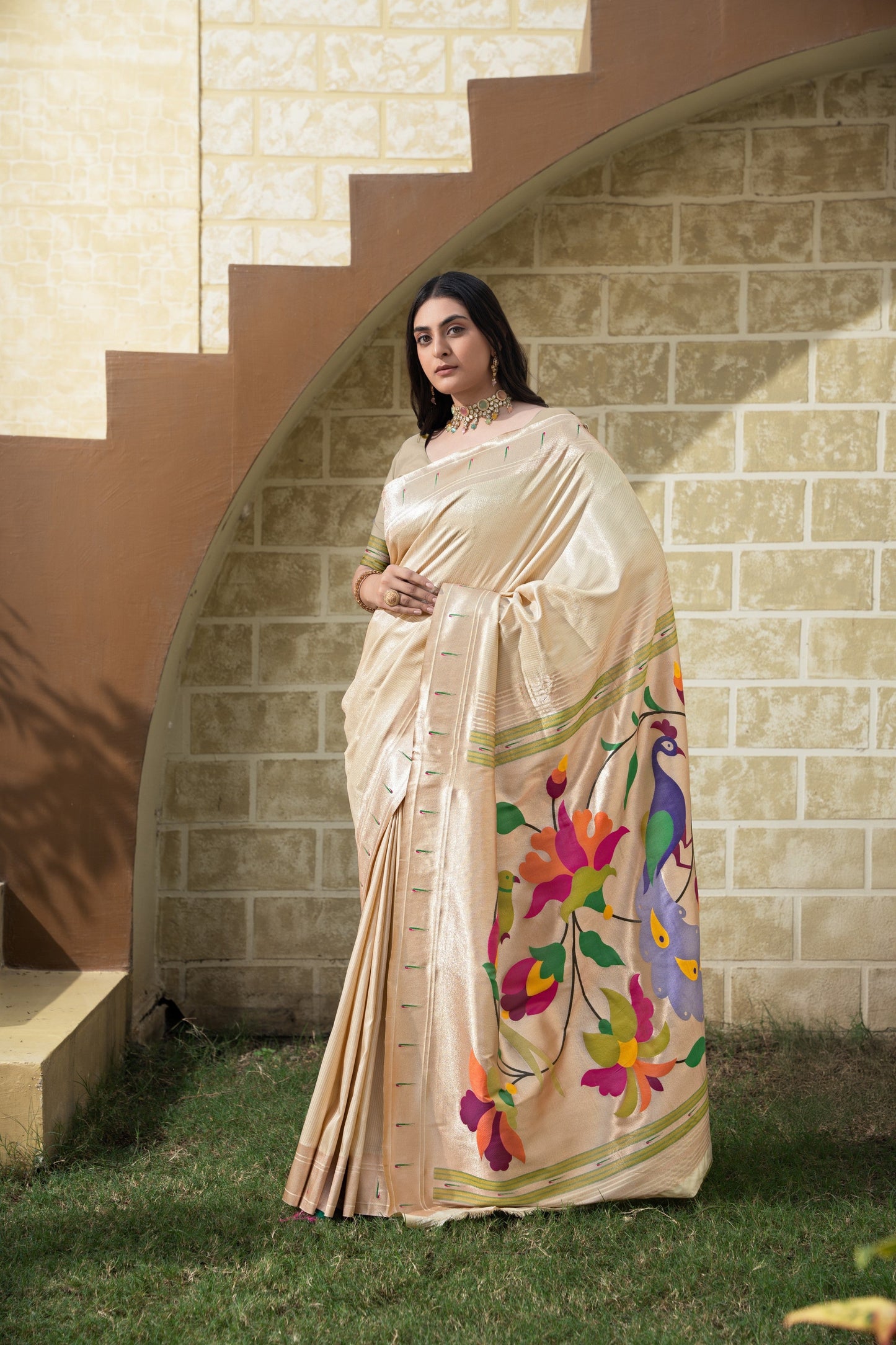 Dhiyona GR Women's Antara Cream Paithani Soft Blended Silk Saree
