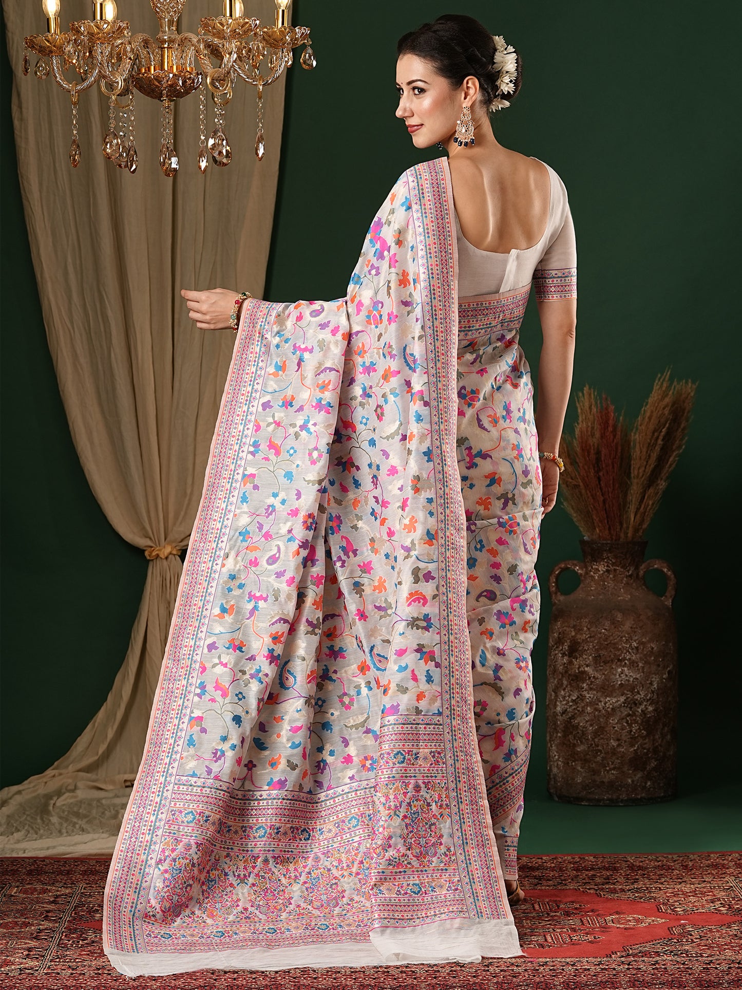 Women's Silk Cotton White Woven Design Celebrity Saree With Blouse Piece