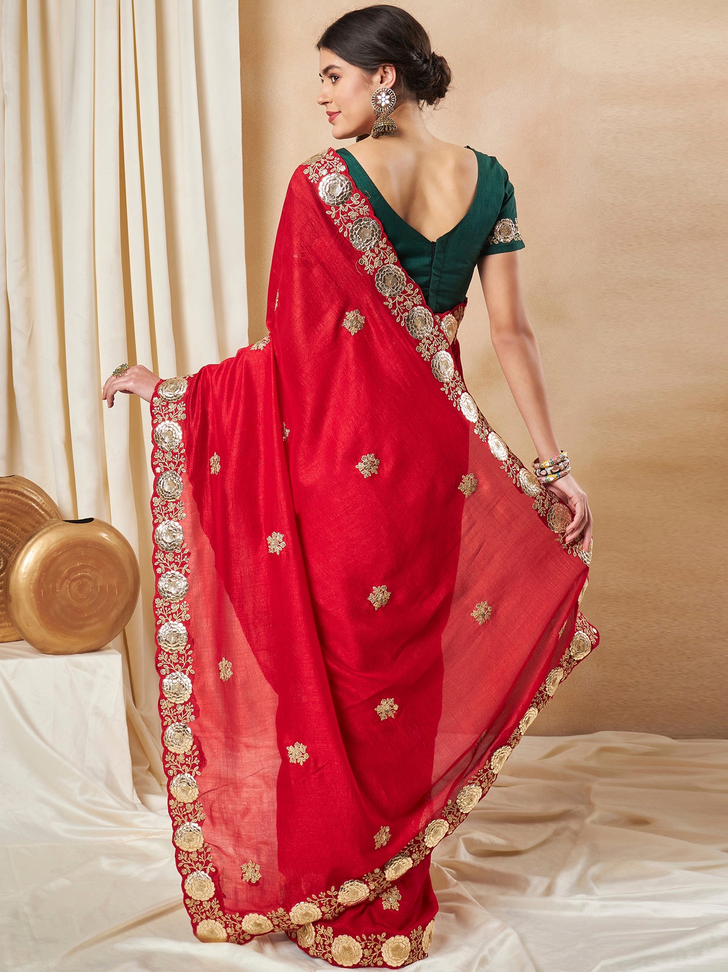 Women's Vichitra Silk Red Embellished Designer Saree With Blouse Piece
