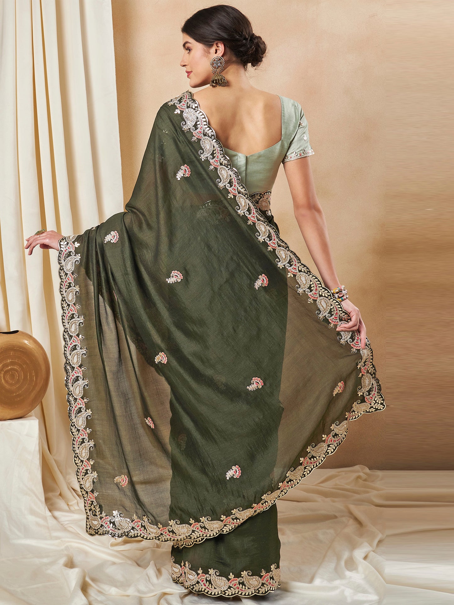 Women's Silk Blend Olive Embellished Designer Saree With Blouse Piece